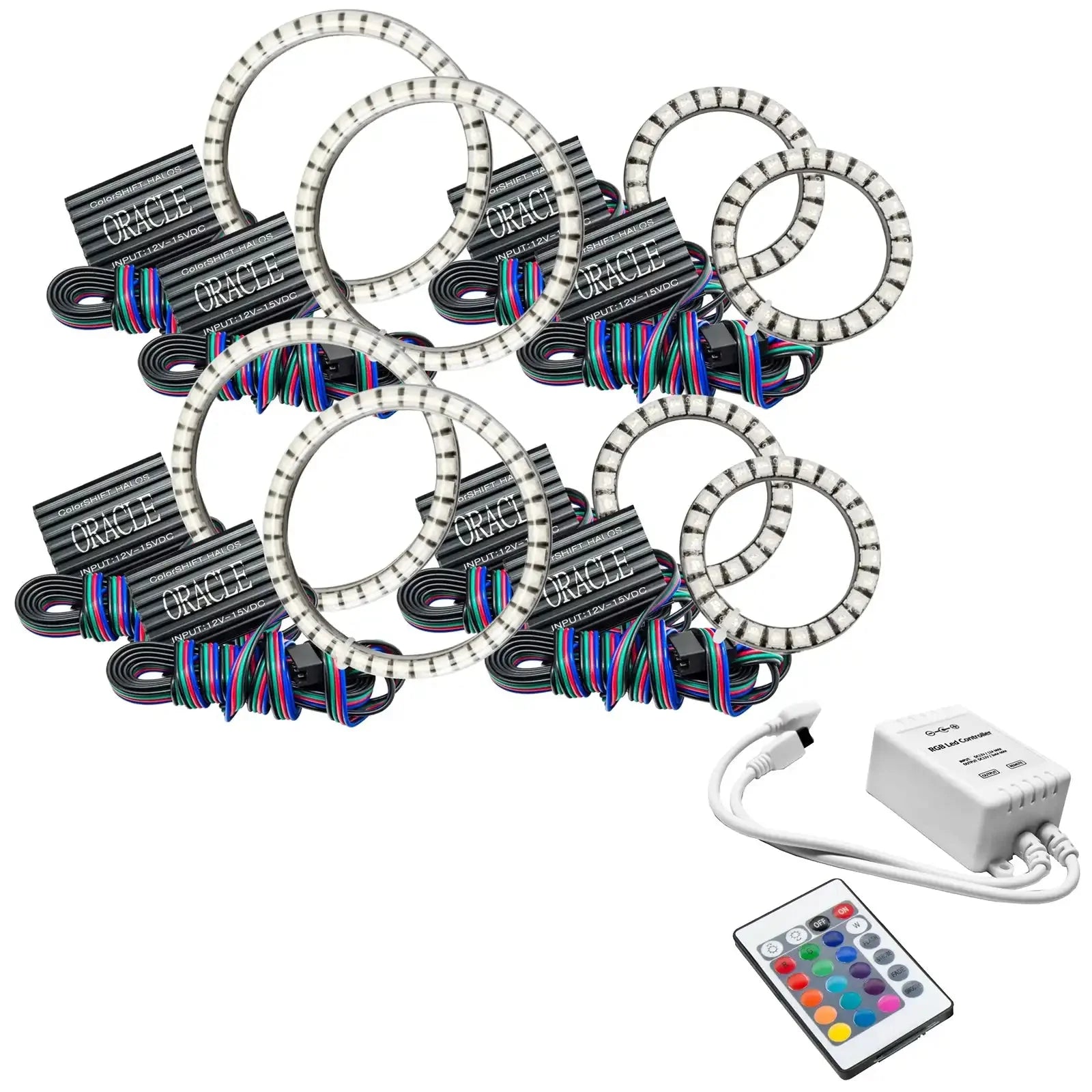 RGB LED halo headlight rings with wiring, remote control, and controller for off-road vehicles