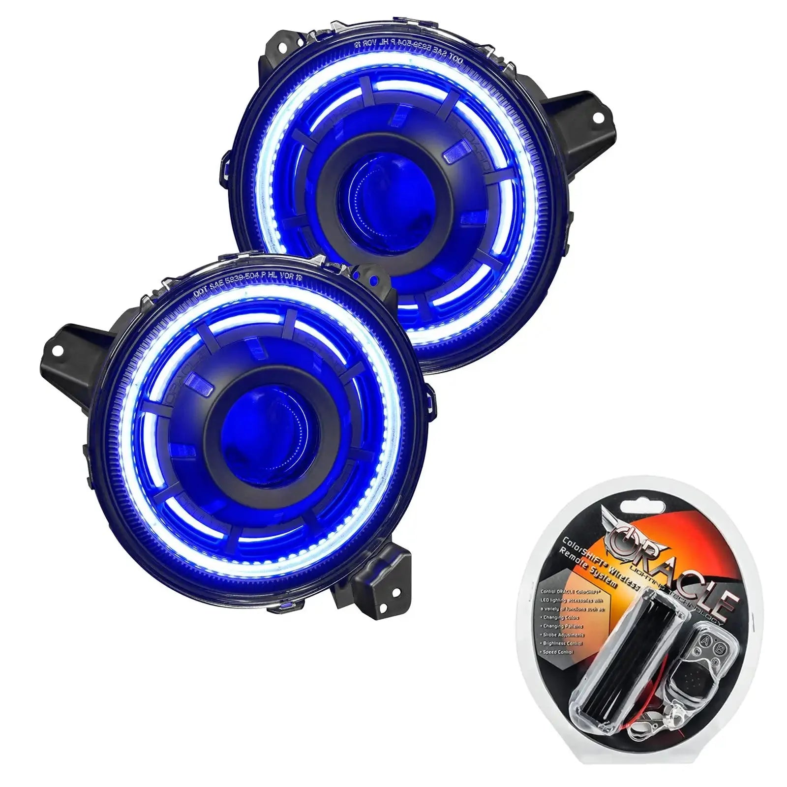 Pair of blue LED halo headlights with remote control kit for off-road vehicles