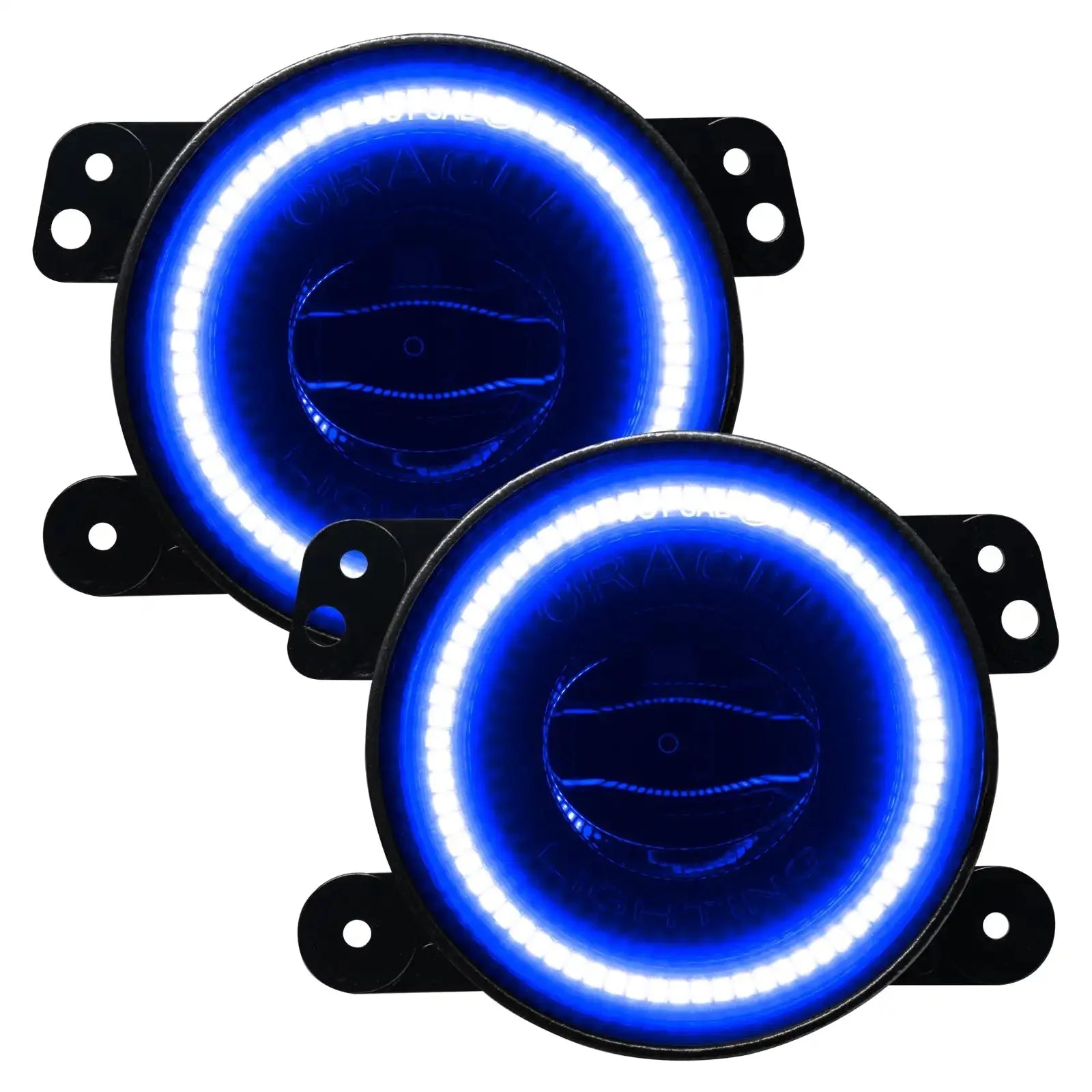 Pair of round blue LED halo fog lights with mounting brackets for off-road vehicles