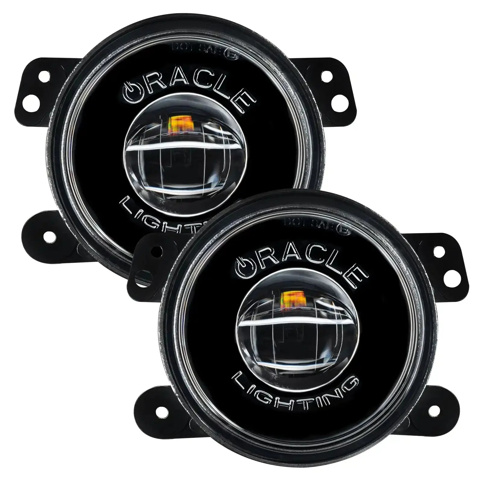 Pair of round black LED fog lights with Oracle Lighting branding for off-road vehicles
