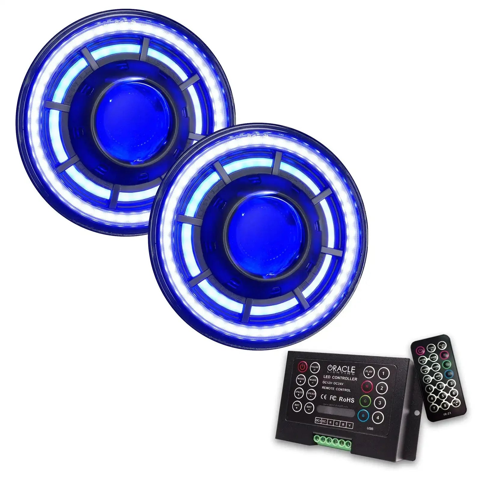 Pair of blue LED halo headlights with controller and remote for off-road vehicles