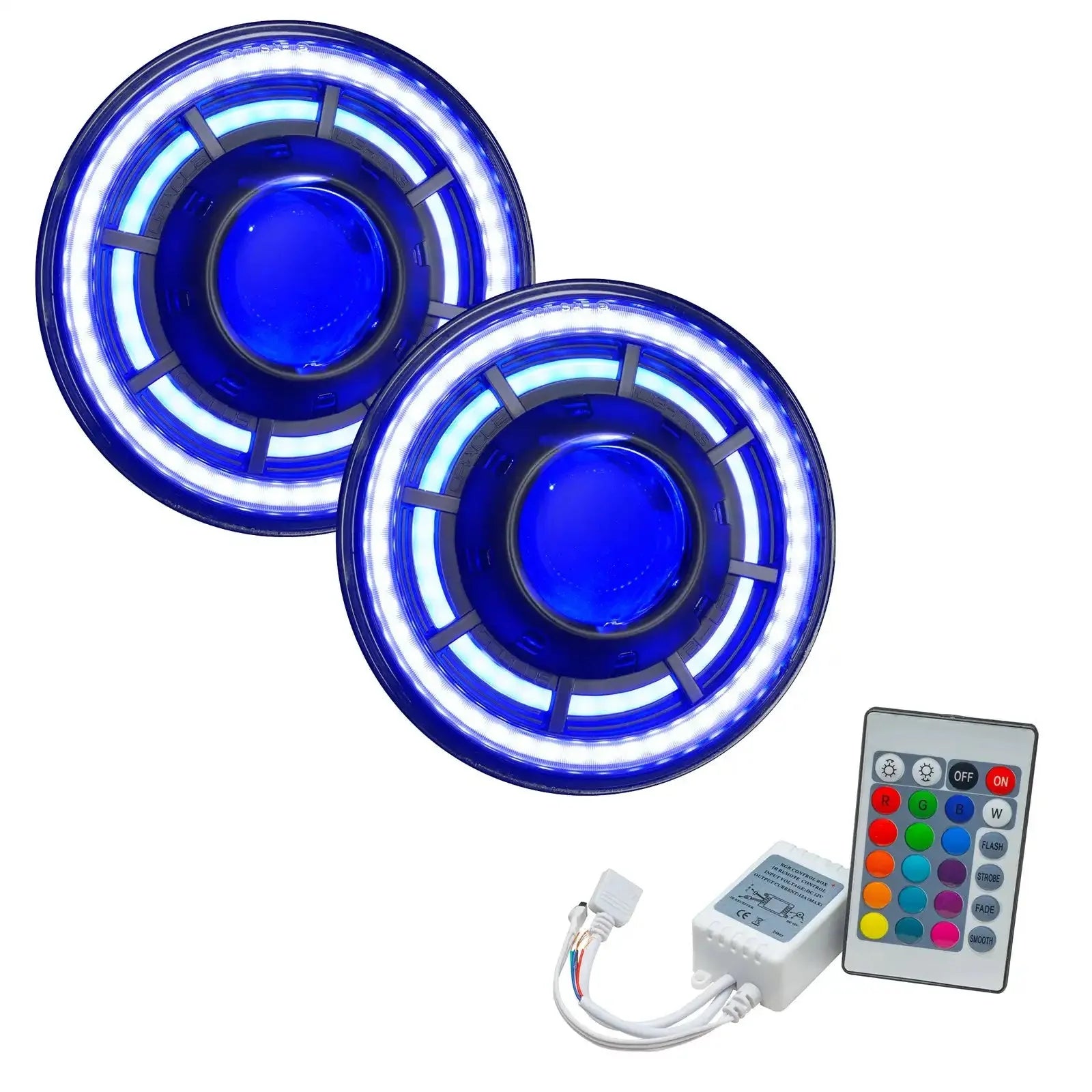 Blue LED halo headlights with remote control for off-road vehicles and trucks