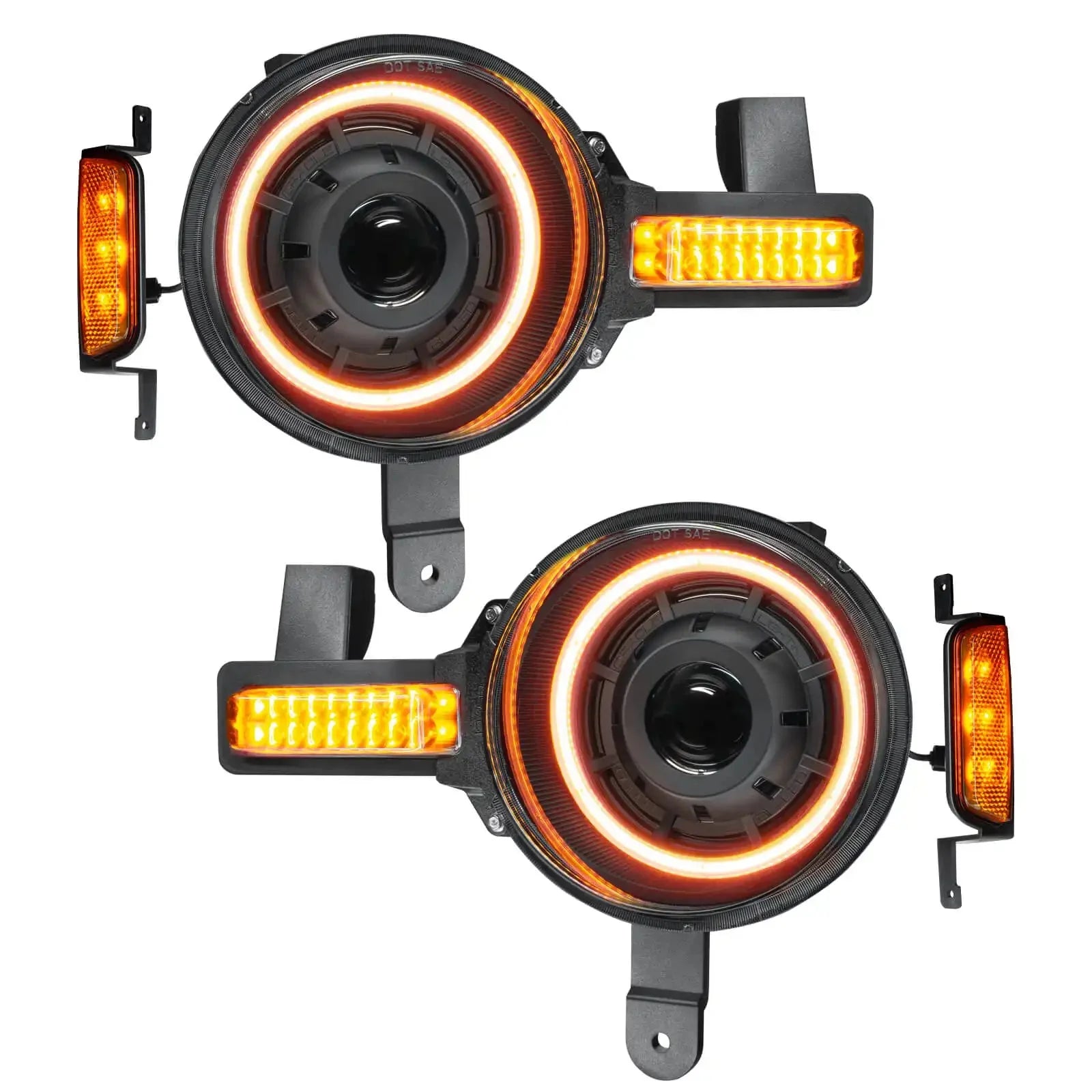 Pair of round LED halo headlights with amber turn signals and side marker lights for off-road vehicles