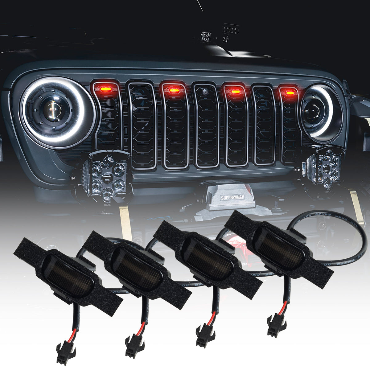 ORACLE Pre-Runner style LED grill light kit on a 2024+ Jeep Wrangler JL / Gladiator JT with amber lights, plus four modules