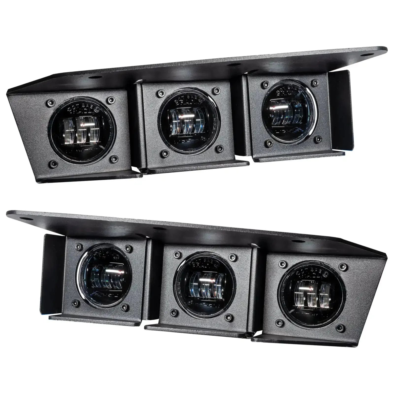 Black off-road vehicle fog light pods in metal mounting brackets, set of four, on white background.
