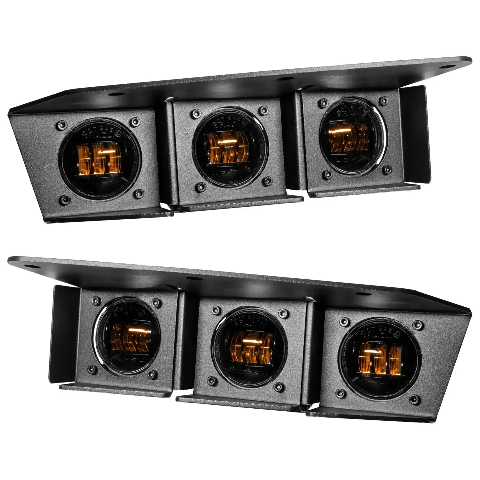 Pair of black off-road LED fog light pods with amber lenses for trucks and SUVs