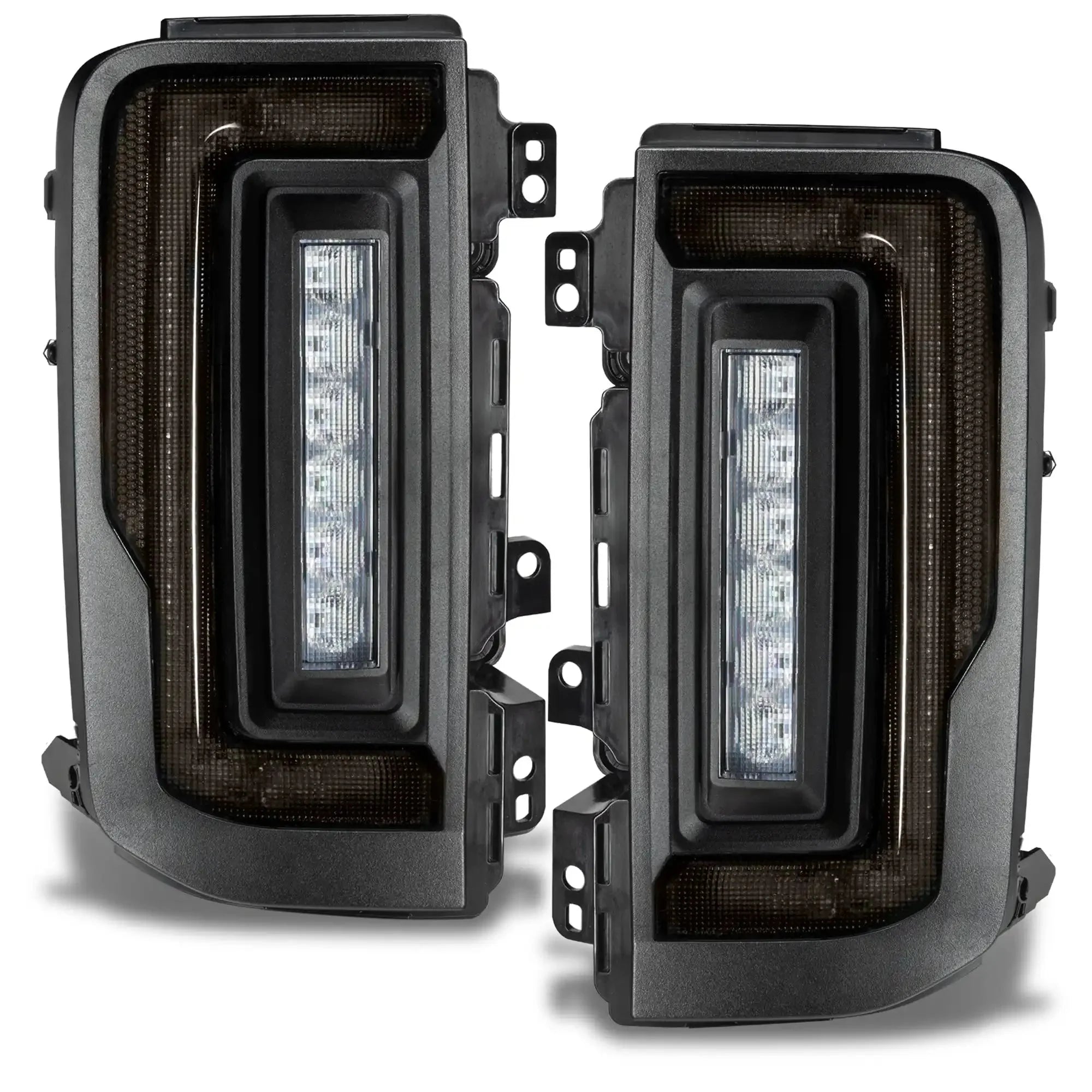 Pair of black LED aftermarket tail lights for Toyota Tacoma trucks, front view