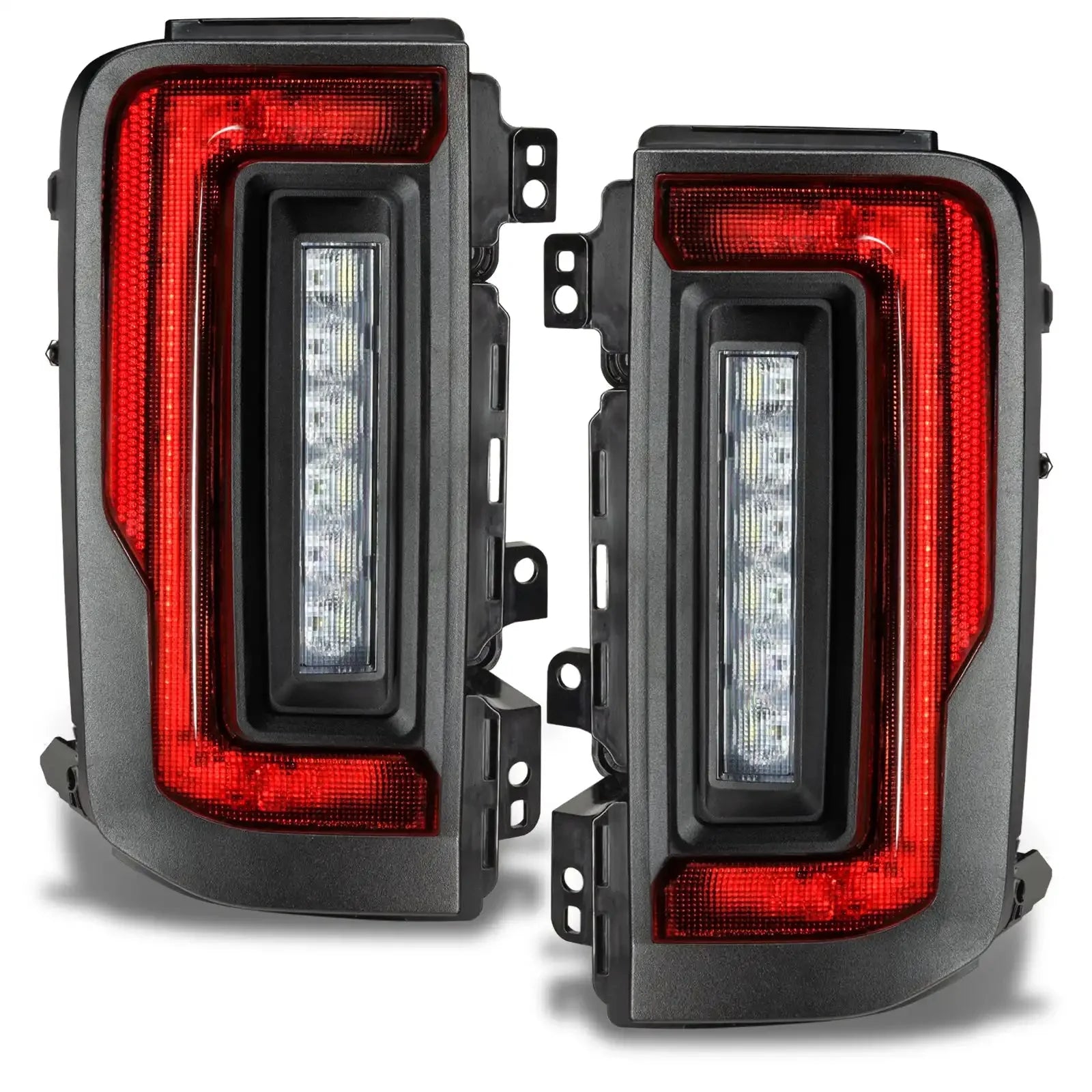 Pair of LED tail lights with red and clear lenses for off-road vehicles and trucks