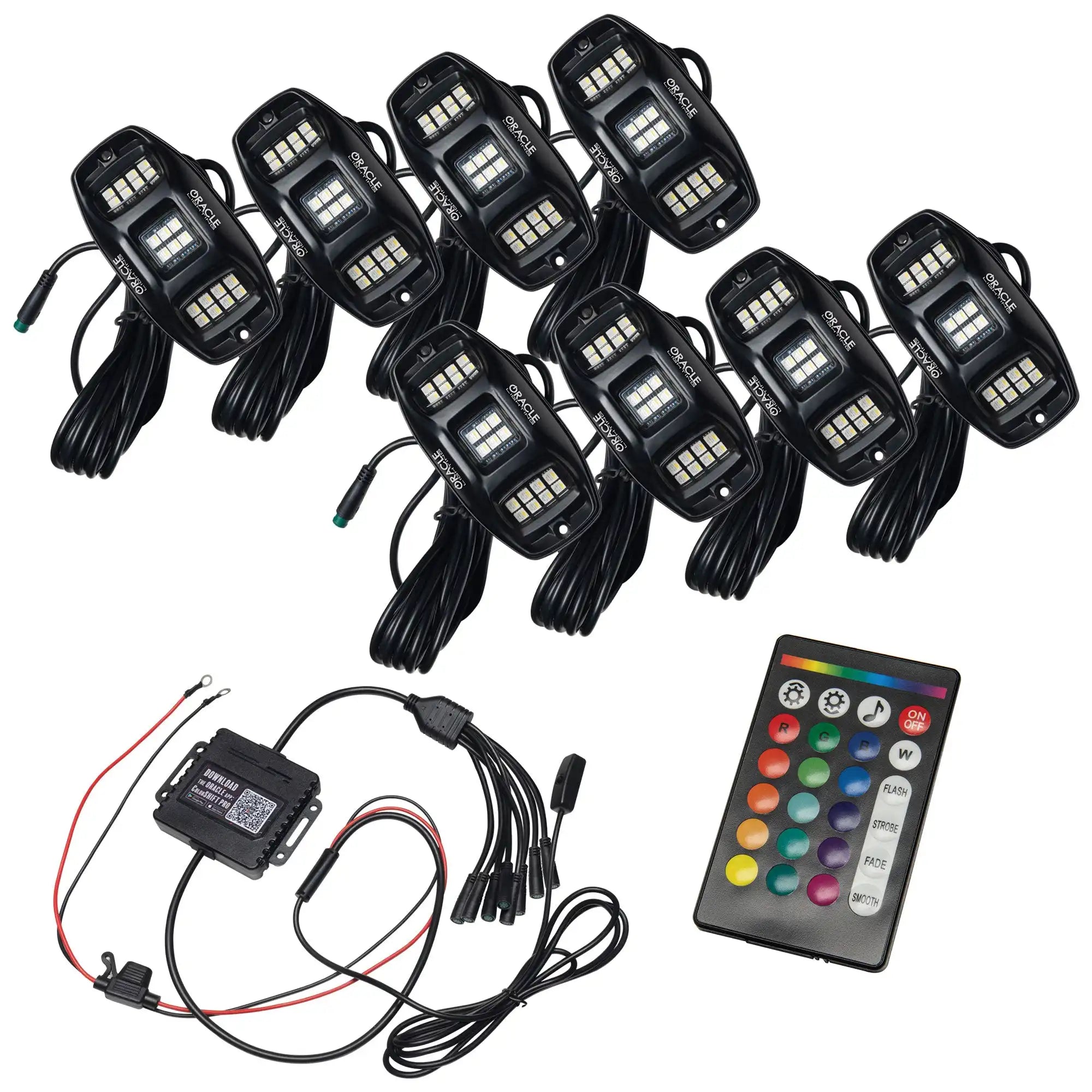 RGB LED rock lights kit with wiring and remote control for off-road vehicle lighting