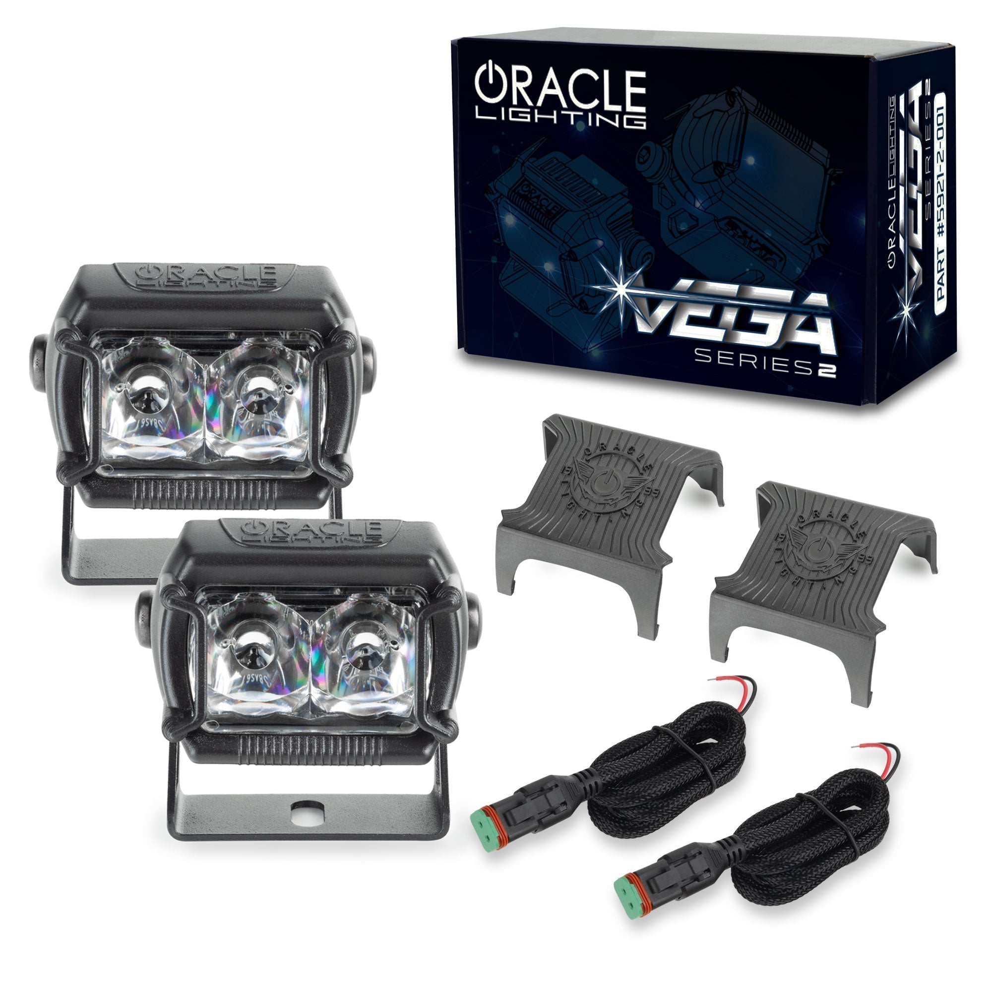 LED pod light kit with two compact off-road lights, mounting brackets, wiring, and retail box