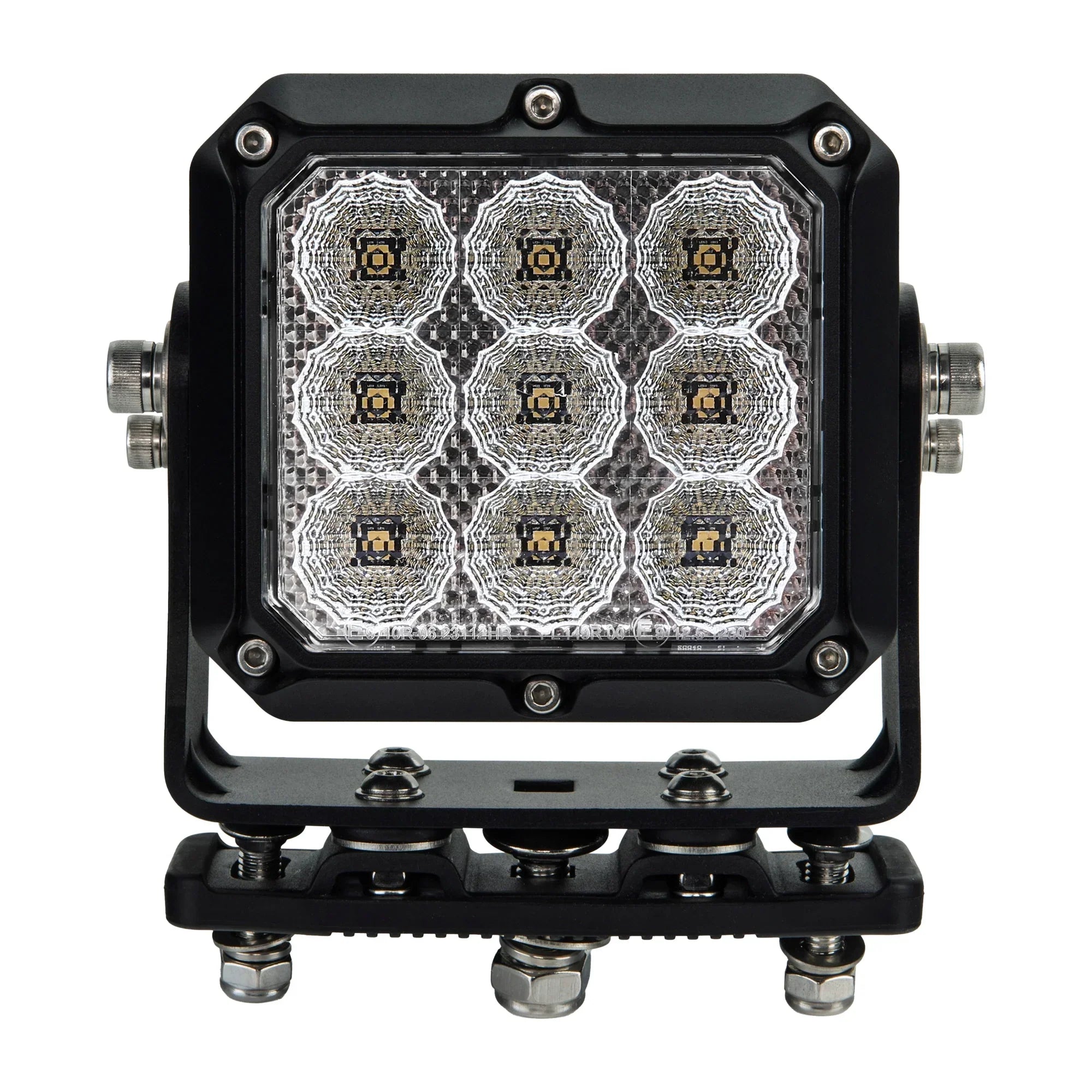 Rectangular off-road LED light pod with nine LED bulbs and sturdy mounting bracket