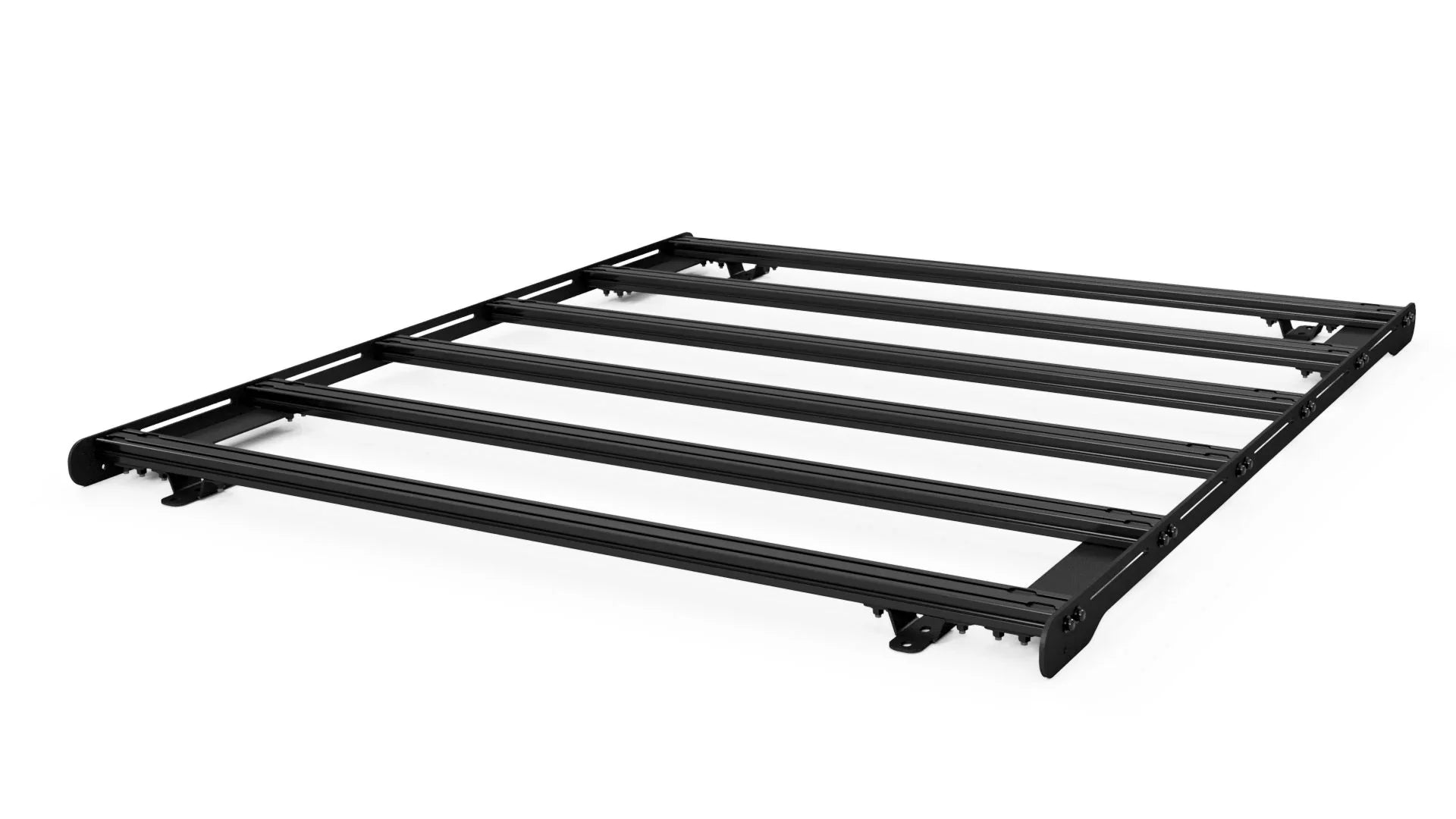 Black aluminum roof rack for overlanding vehicles, shown on white background