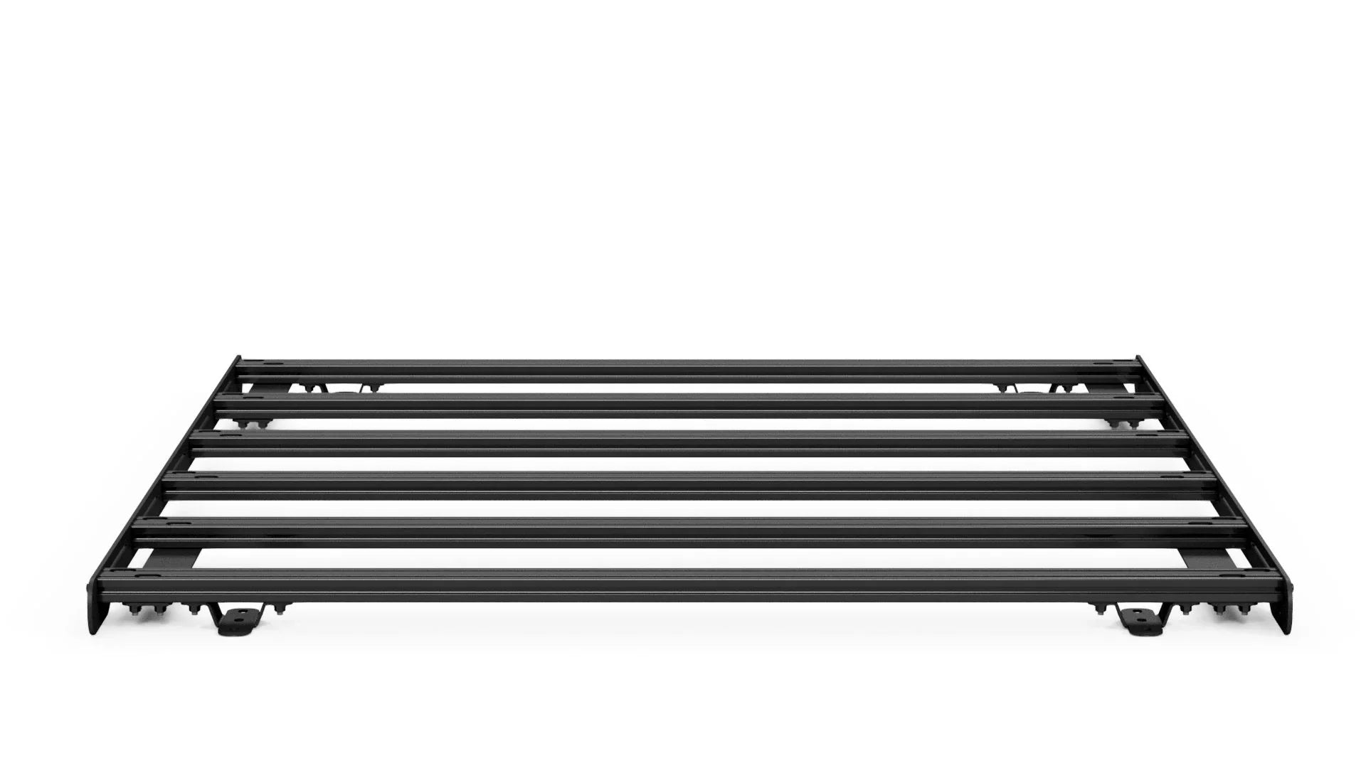 Black metal overland roof rack for trucks and SUVs, viewed from the front on white background