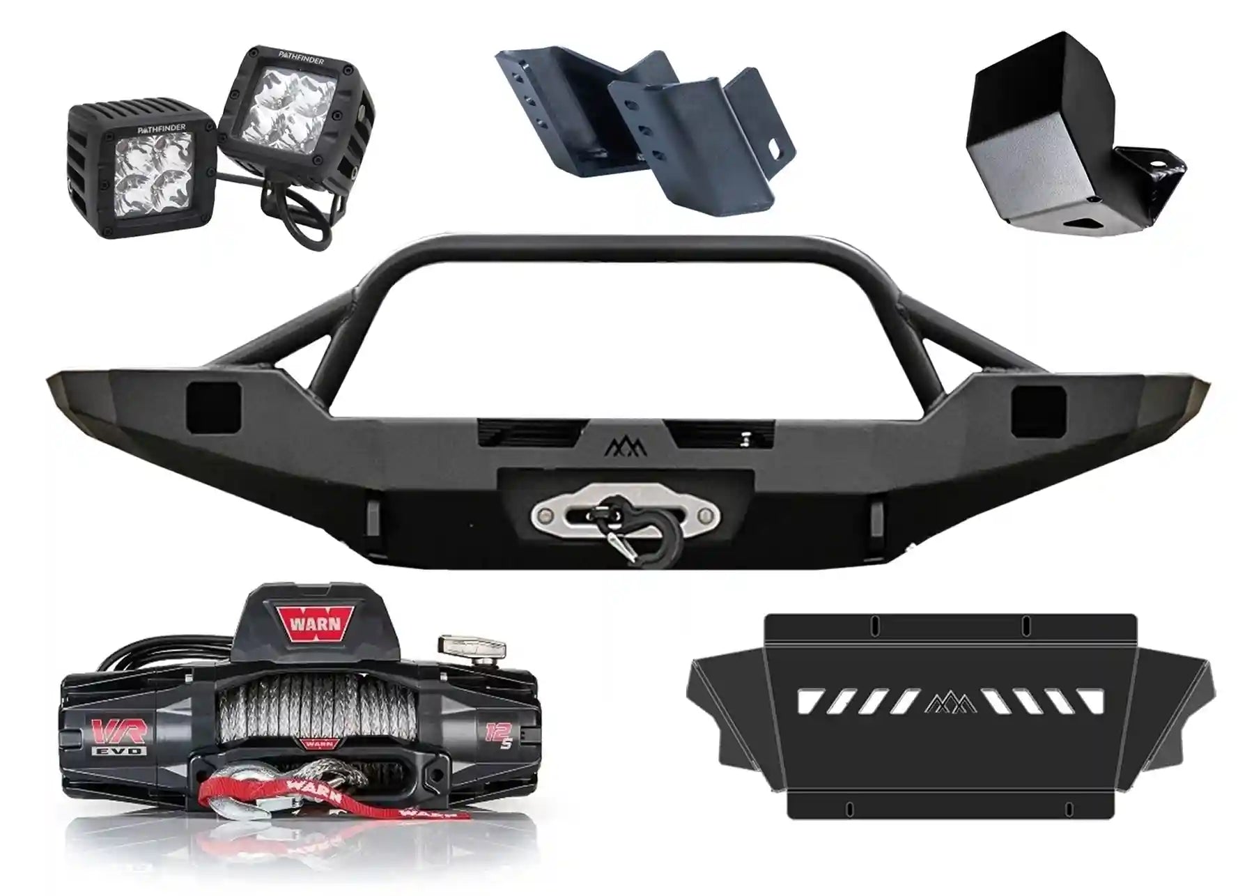 Backwoods Adventure Mods 5th Gen Toyota 4Runner Off Road Bumper Kit bundle including Hi-Lite Overland Front Bumper, Skid Plate connector, Warn Winch, Pathfinder Pod Lights, and washer reservoir guard