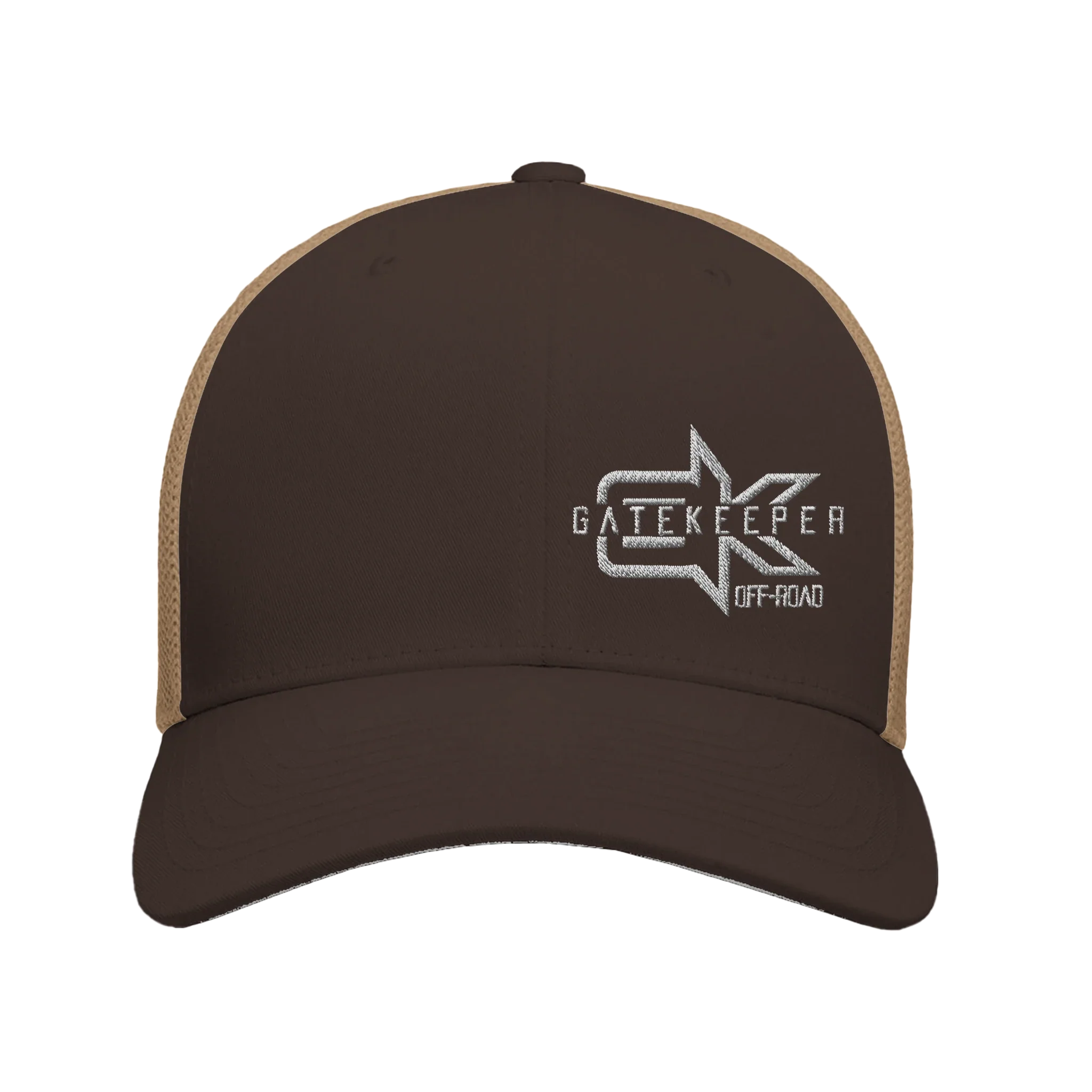 Brown and tan trucker hat with Gatekeeper Off-Road logo, mesh back, adventure gear