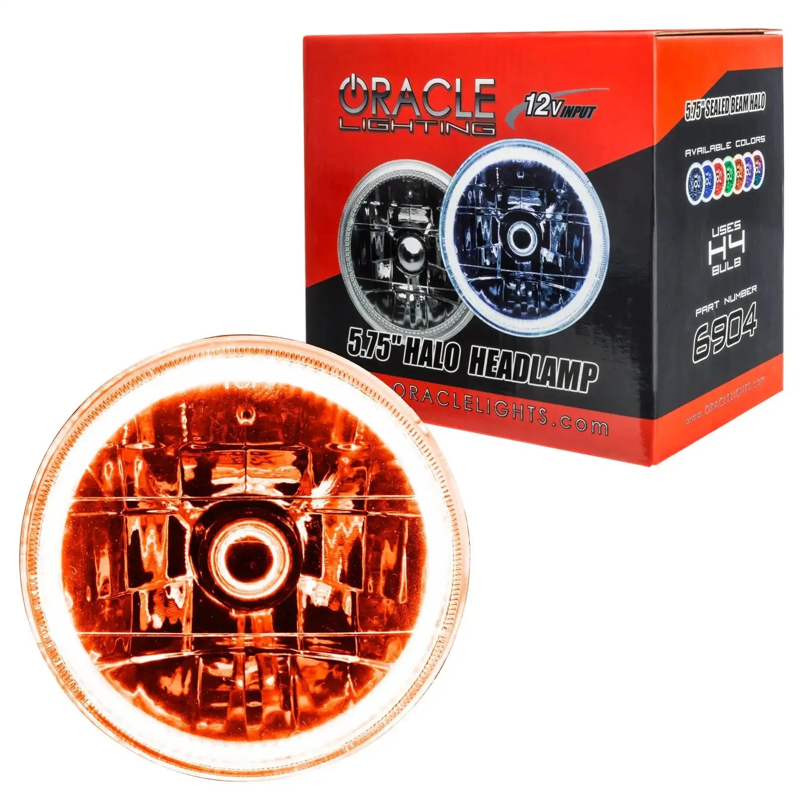 5.75 inch halo headlamp with orange LED ring, box packaging in background, off-road lighting