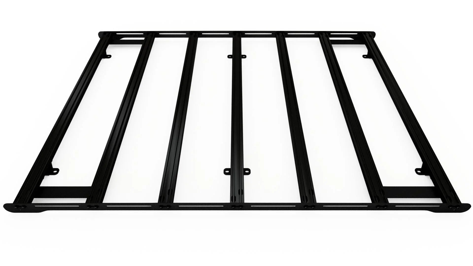 Black aluminum modular roof rack panel for overlanding vehicles, isolated on white background