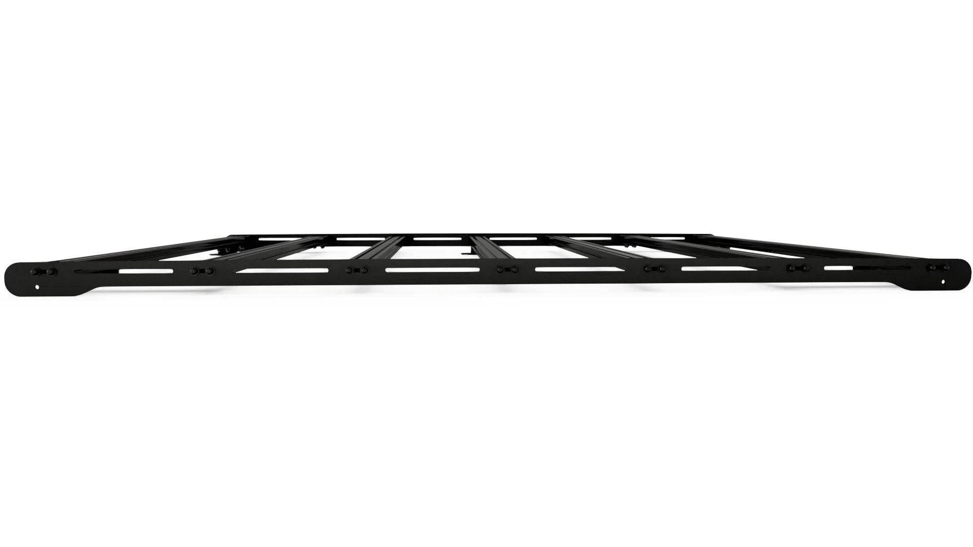 Black metal roof rack for overlanding vehicles, viewed from the front against white background.