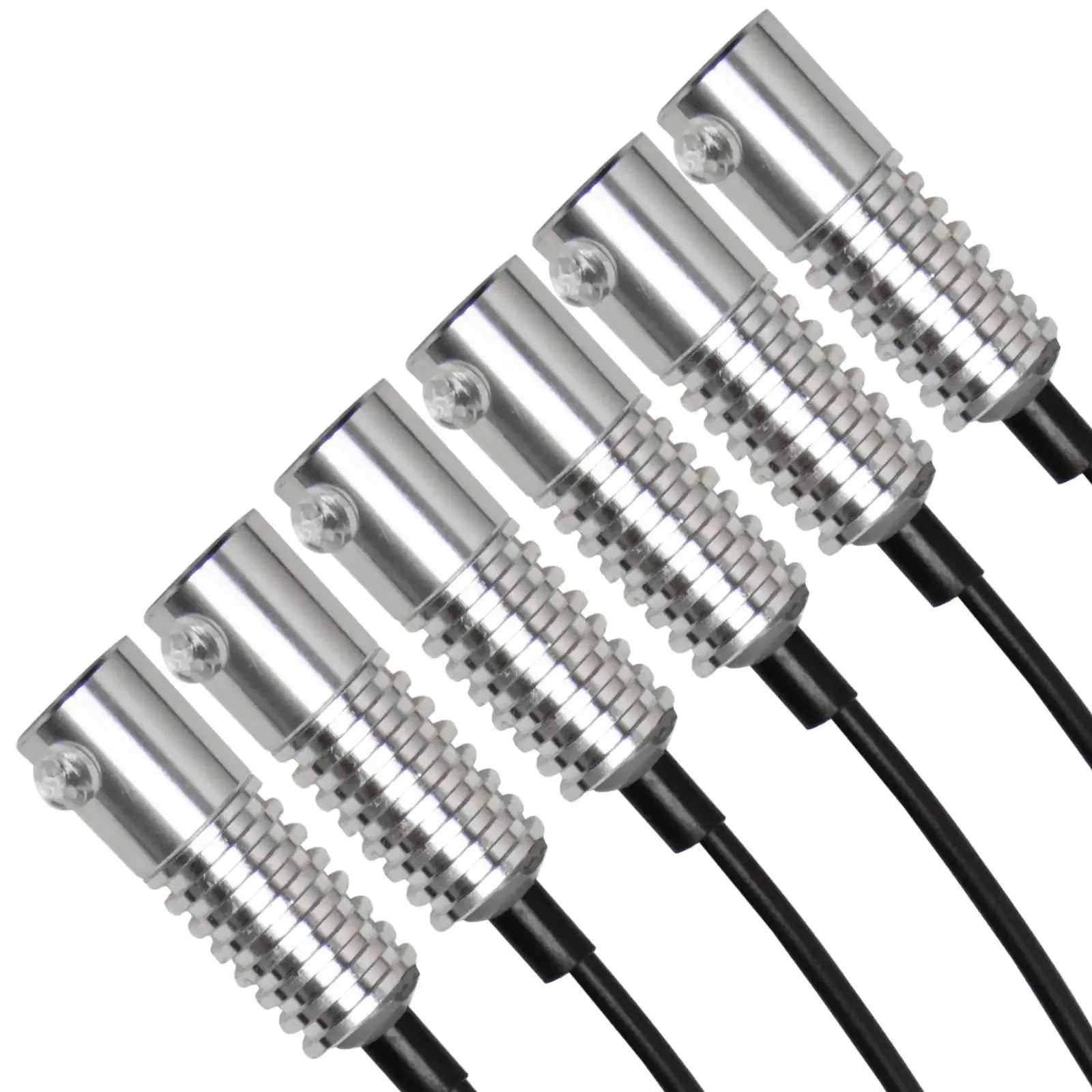 Six silver LED rock lights with black cables for off-road vehicles or overlanding setup