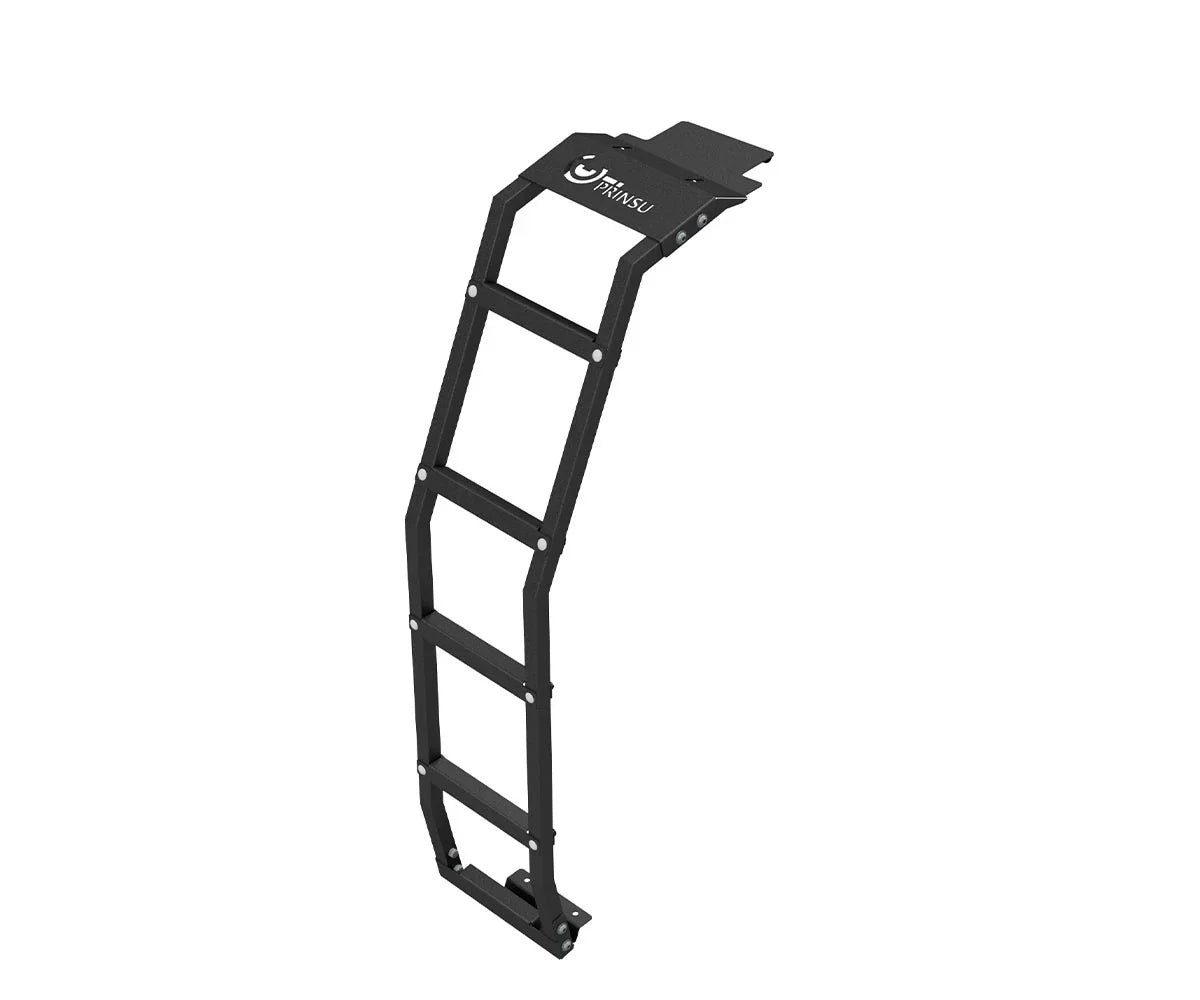 Black steel roof ladder for Toyota 4Runner overlanding vehicle, angled view