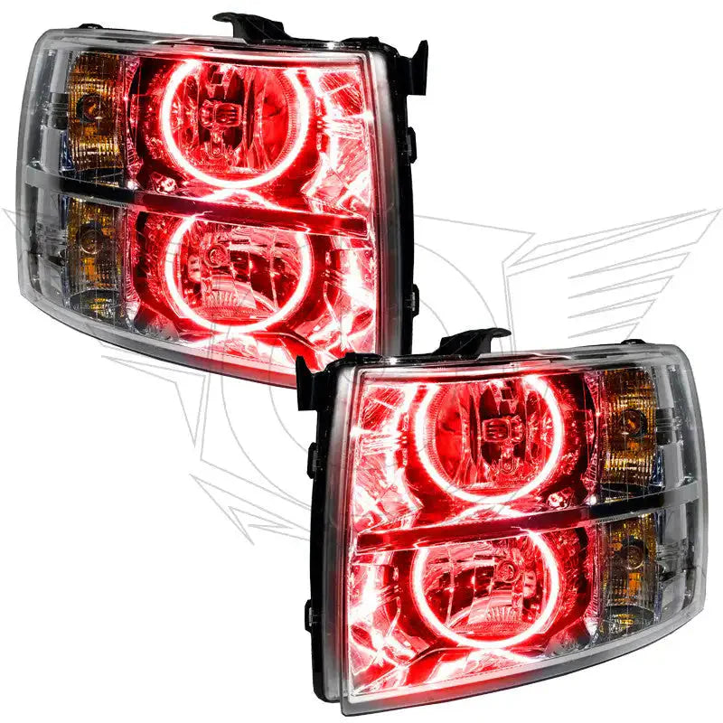 Pair of LED halo projector headlights for Toyota Tacoma with red accent lighting