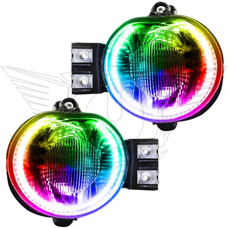Pair of round RGB LED fog lights with vibrant multicolor halo for off-road vehicles