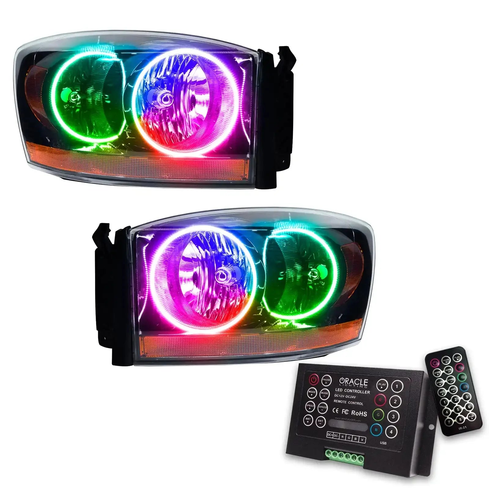 Pair of multicolor LED halo headlights with remote control kit for trucks and SUVs
