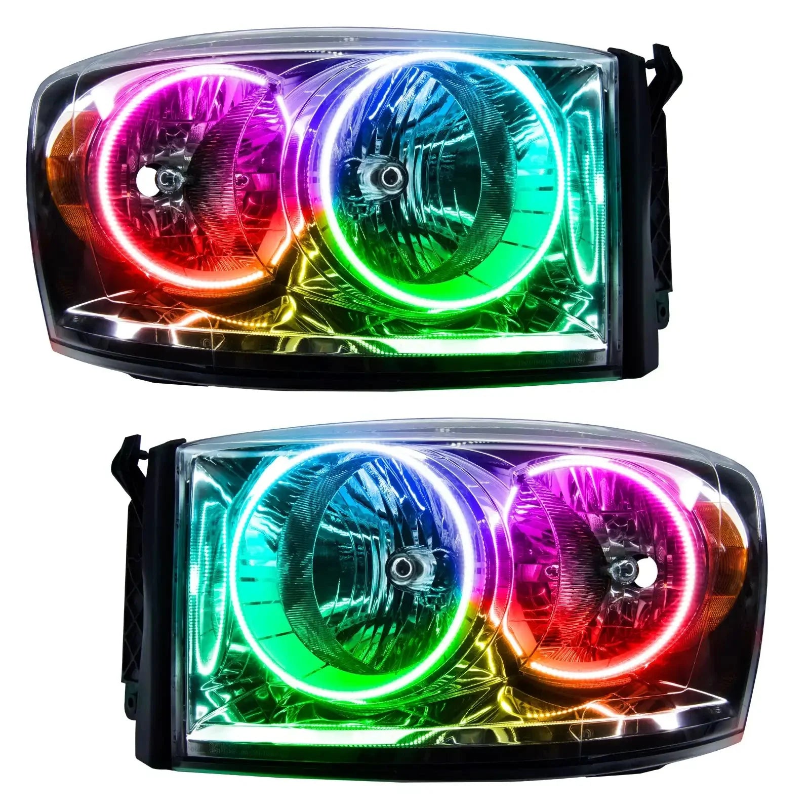 Pair of multicolor LED halo projector headlights for trucks or off-road vehicles