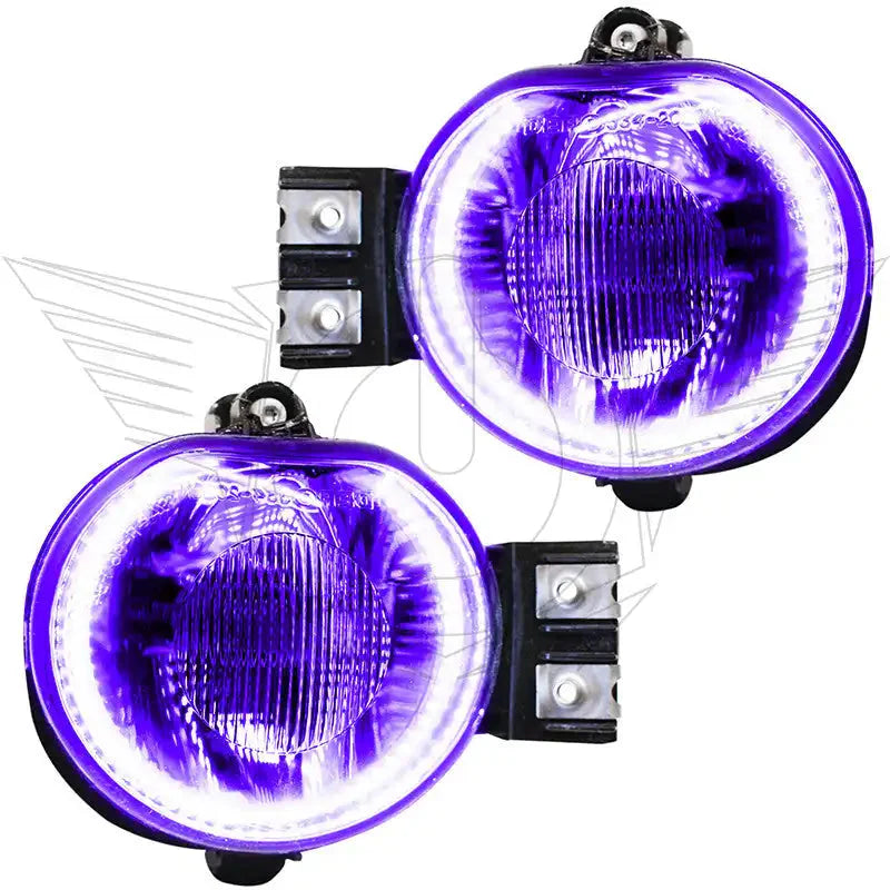 Pair of round purple LED fog lights with halo rings for off-road vehicles