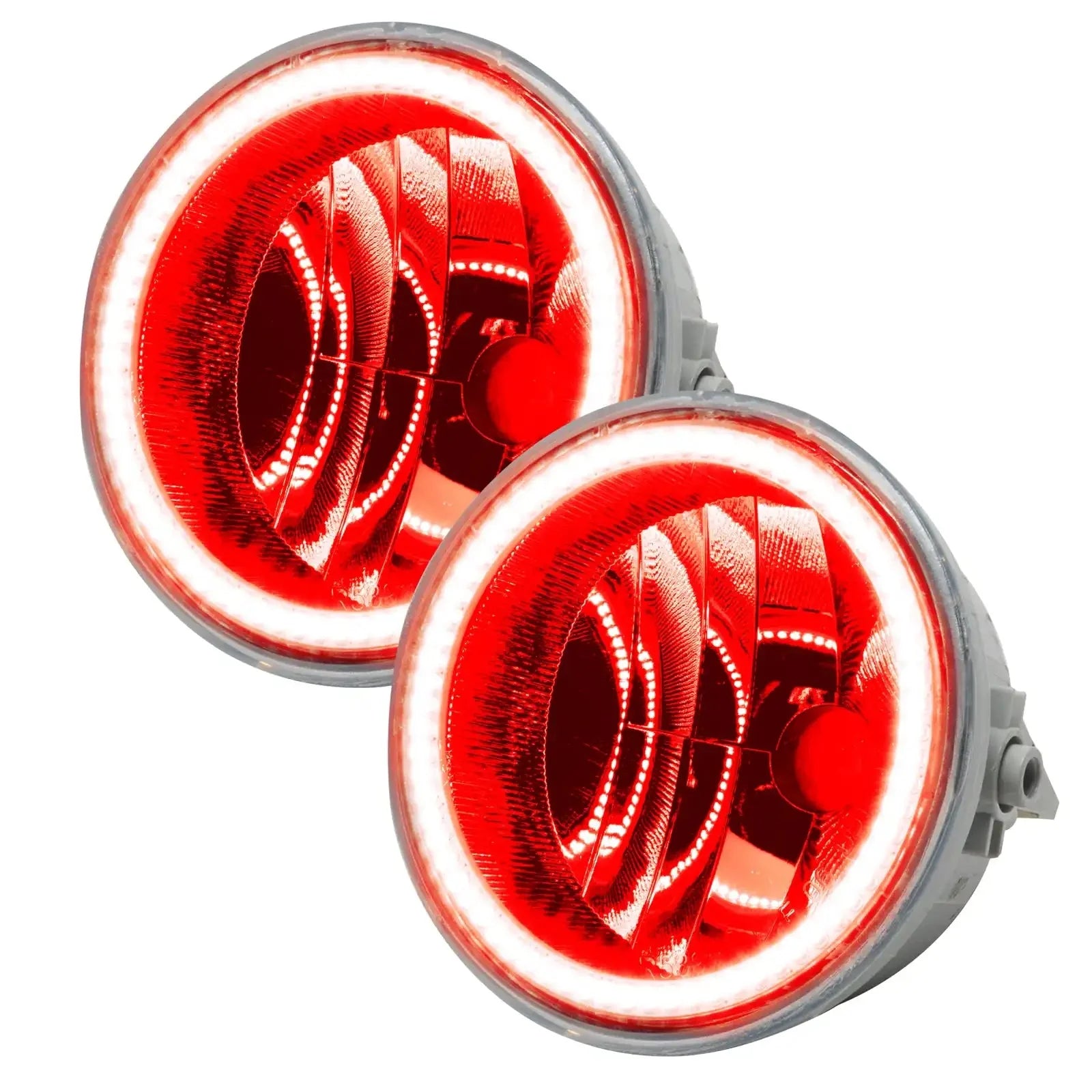 Pair of round red LED halo headlights with white accent rings for off-road vehicles