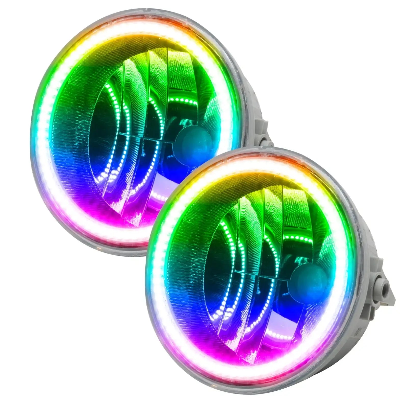 Pair of round RGB LED halo headlights with multicolor lights for off-road vehicles