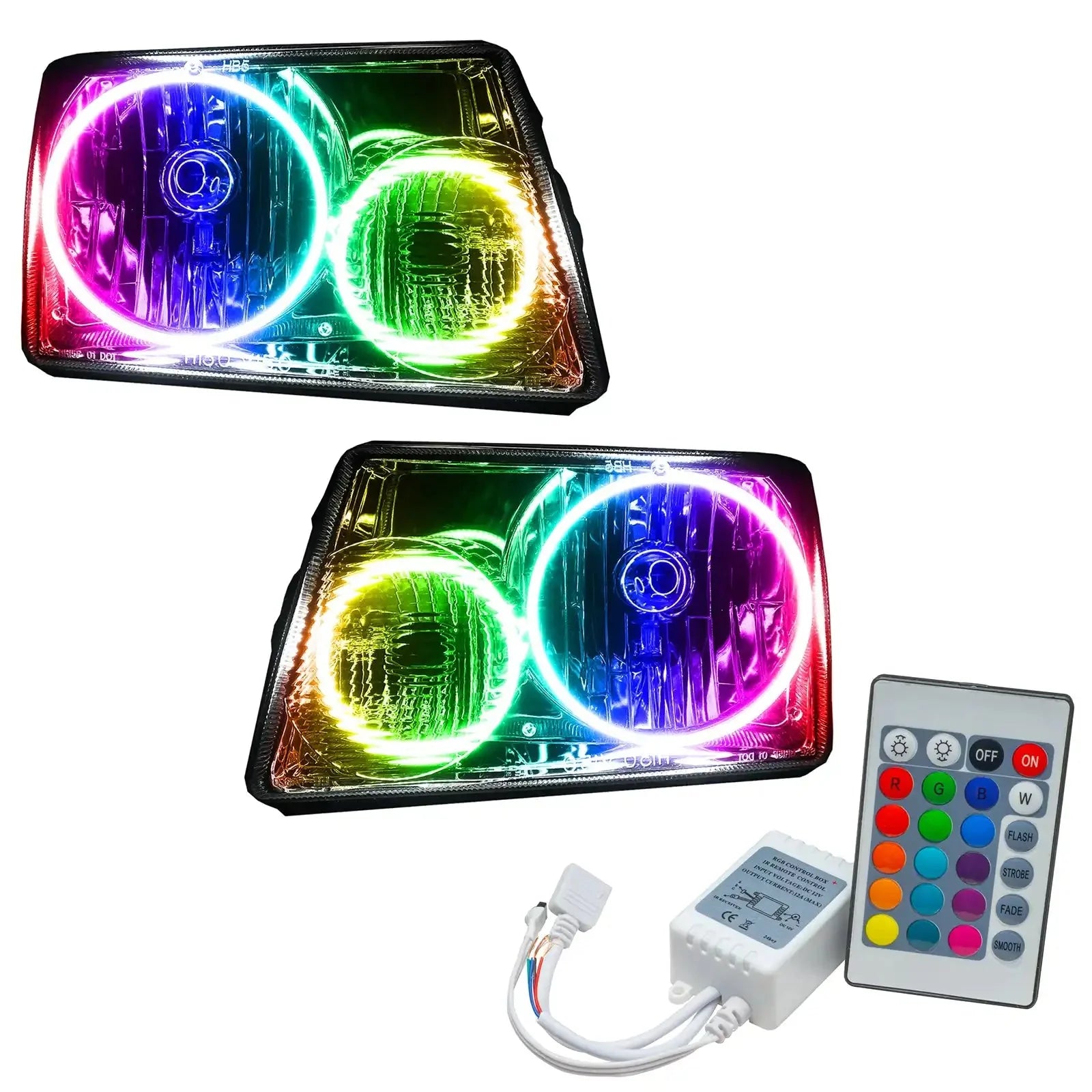 Pair of RGB halo LED headlights with remote control for off-road vehicles