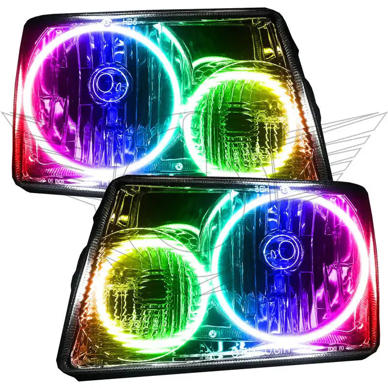 Pair of multicolor LED halo headlights for off-road vehicles, close-up view