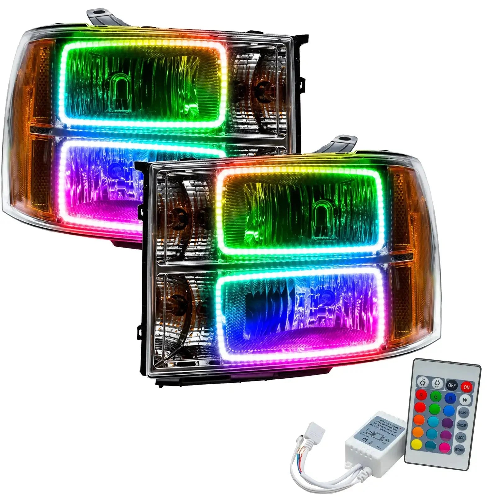 RGB LED headlight assemblies with remote control for trucks or SUVs, overland accessory