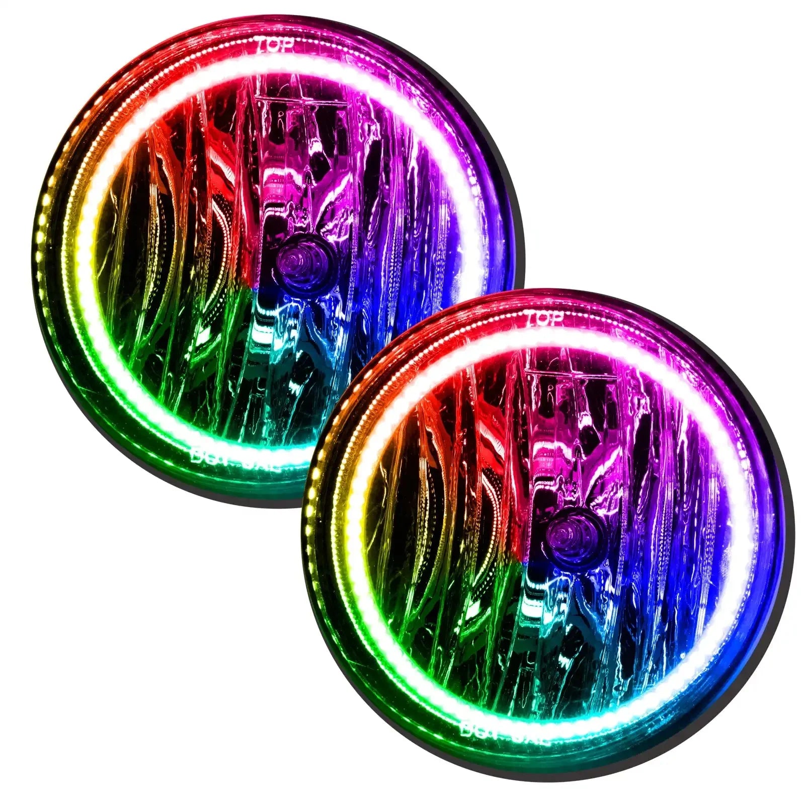 Pair of round RGB LED headlights with multicolor halo for off-road vehicles