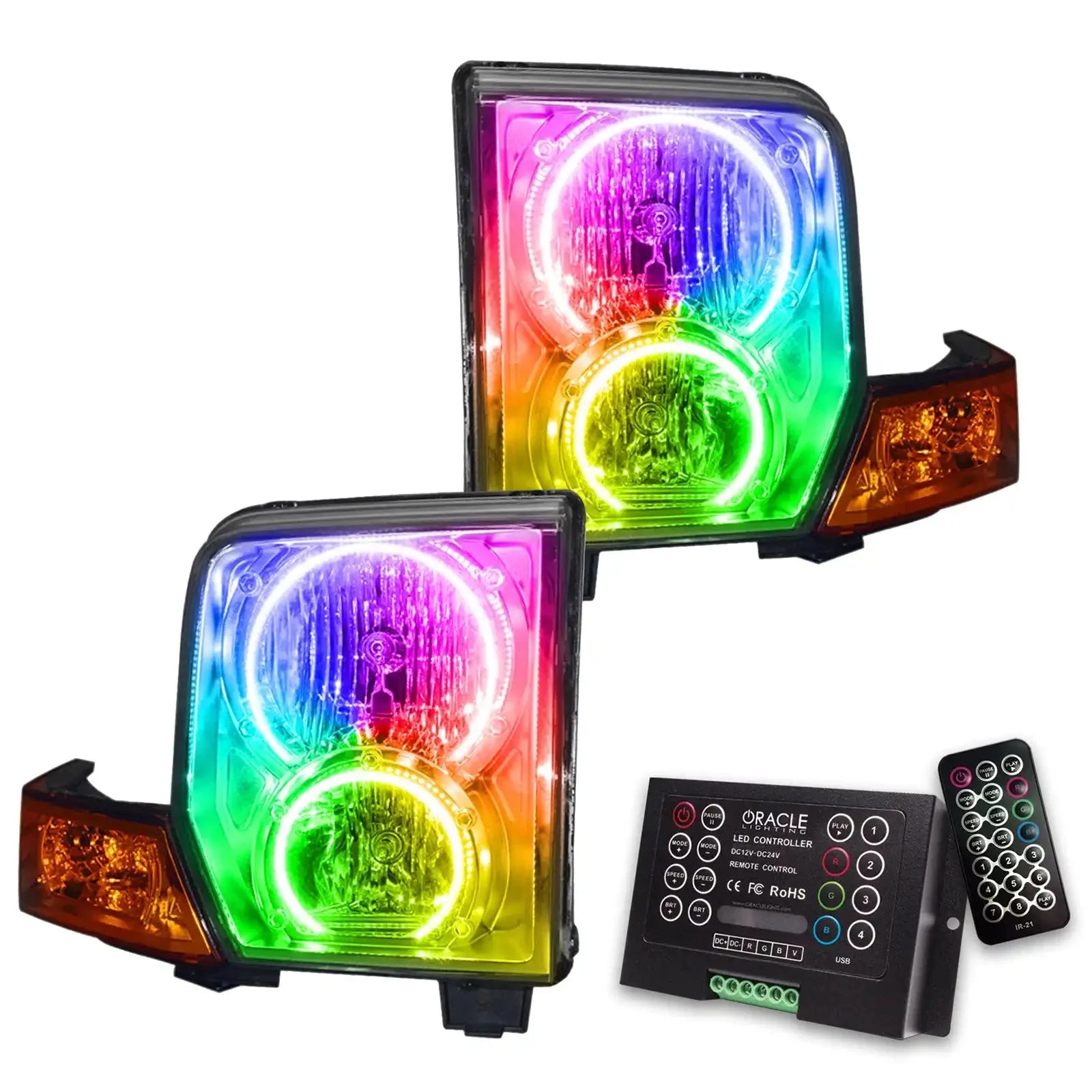 Pair of RGB LED headlights with remote and controller for off-road vehicles, multicolor display