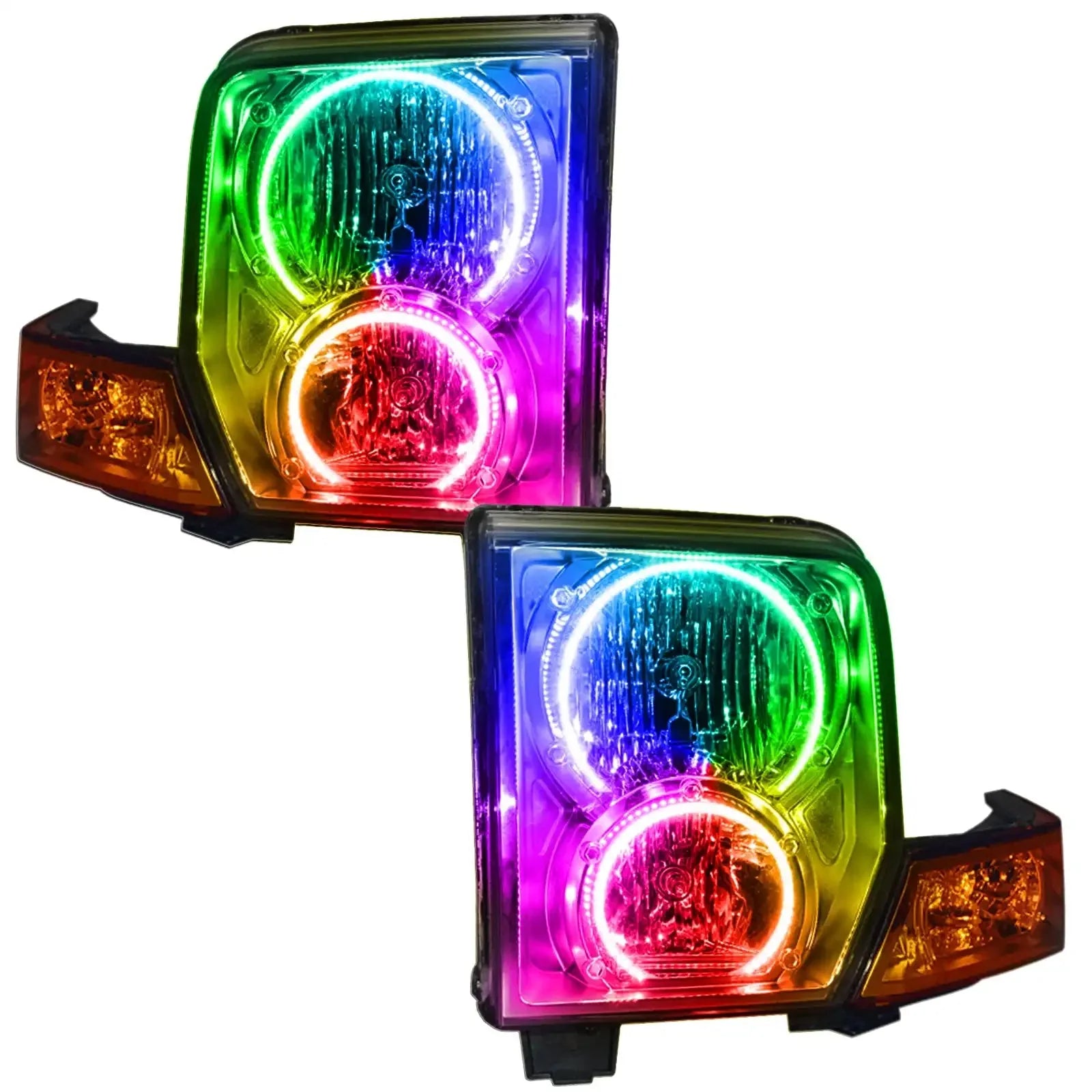 Pair of multicolor LED halo headlights for Toyota Tacoma, front view, black housing