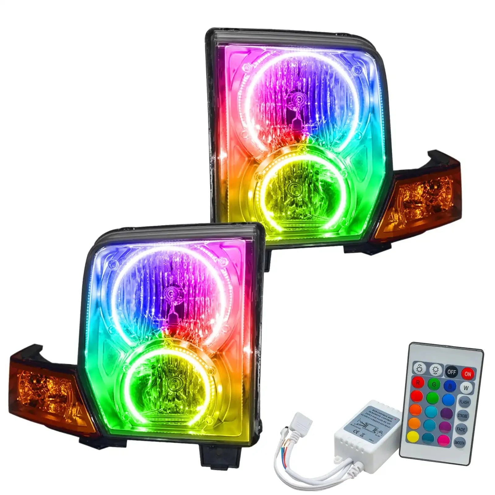 Pair of RGB LED halo headlights with remote control for overlanding vehicles