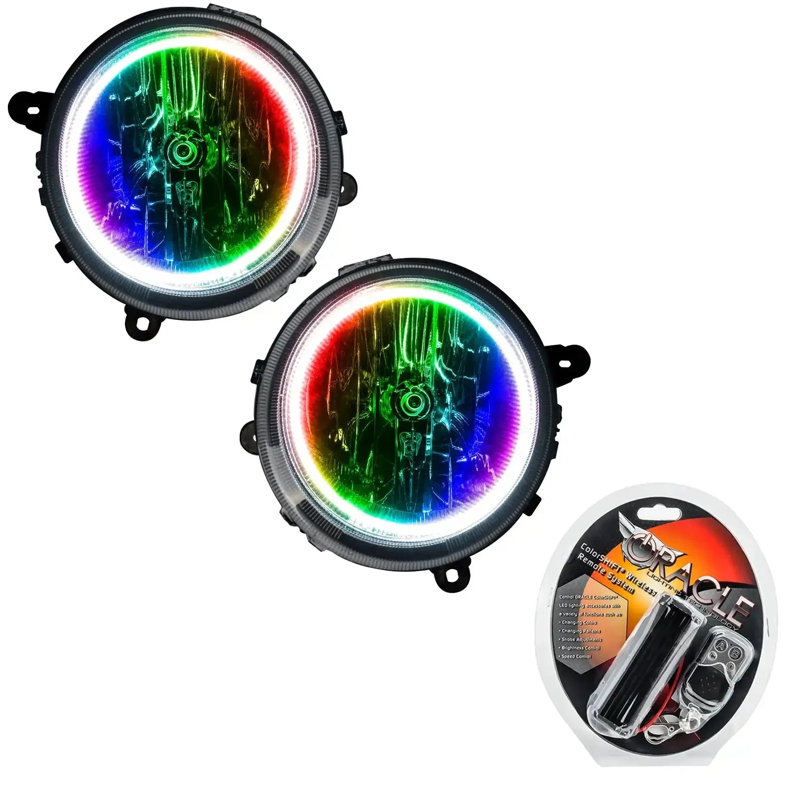 Pair of round LED RGB halo fog lights with remote kit for off-road vehicles