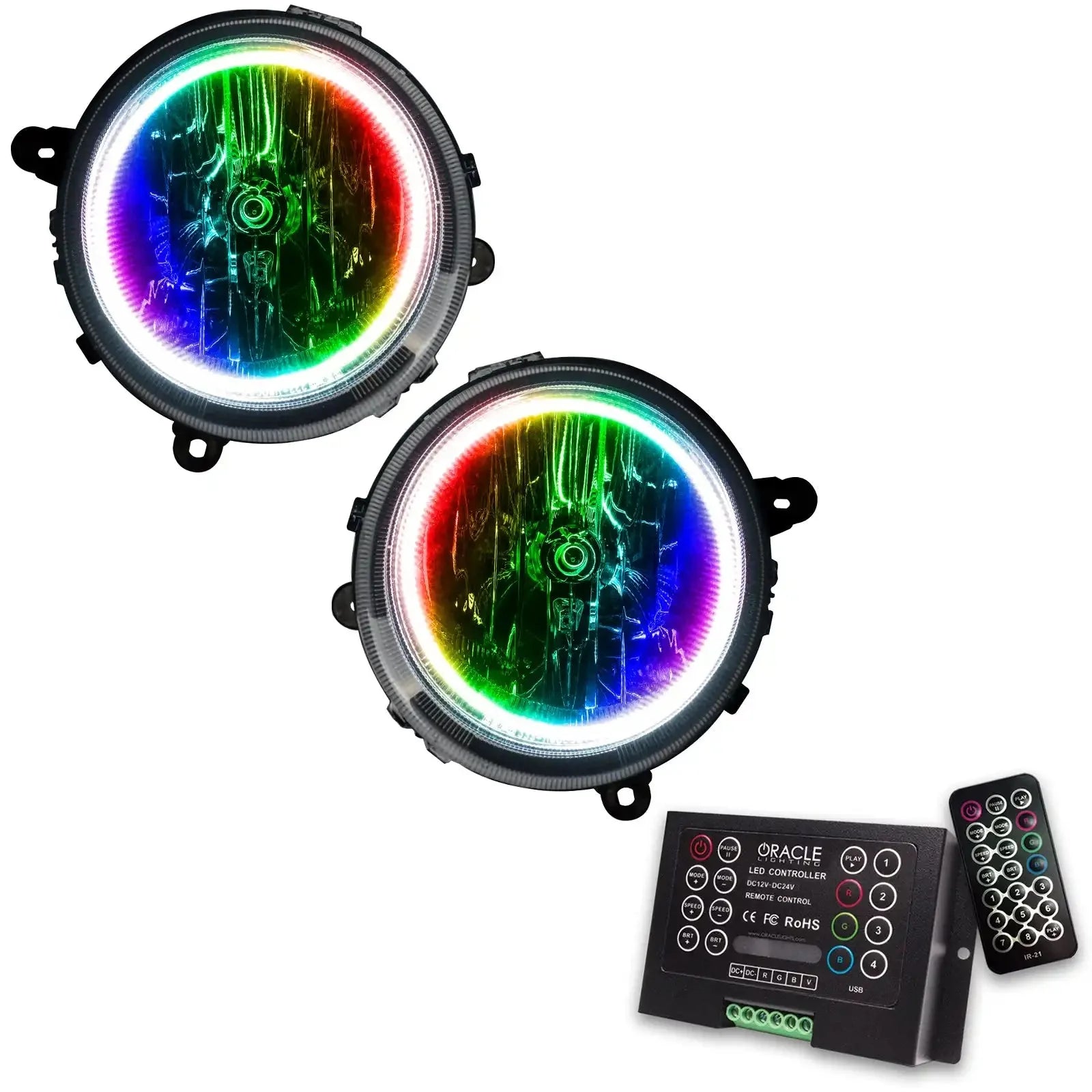 Pair of round LED RGB color-changing fog lights with remote and controller for off-road vehicles