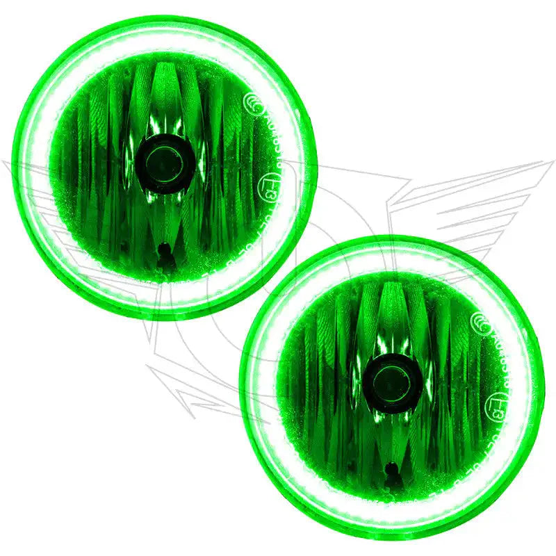 Pair of round green LED off-road headlights with halo rings for trucks and SUVs