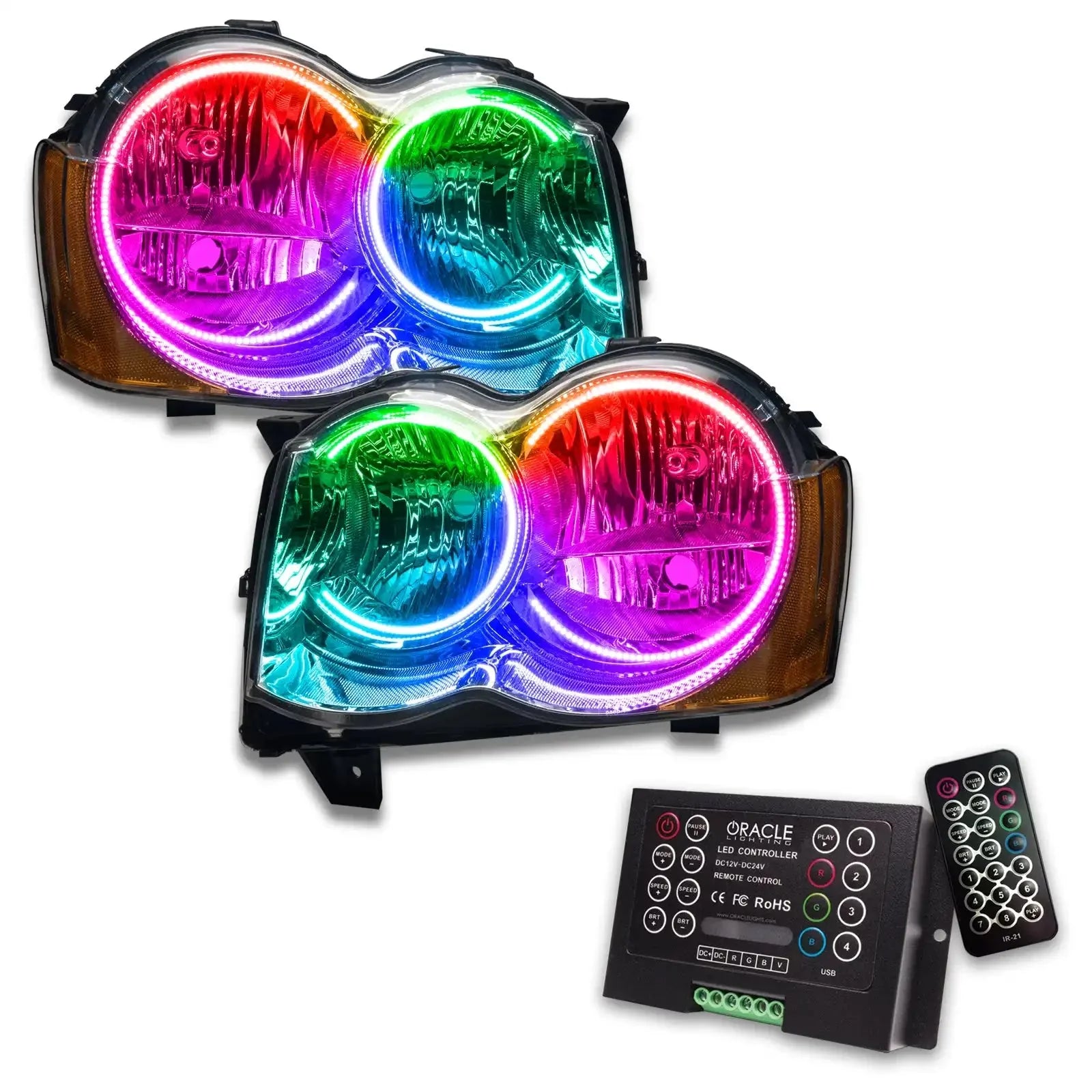 Pair of LED RGB halo headlights with remote control for off-road vehicles