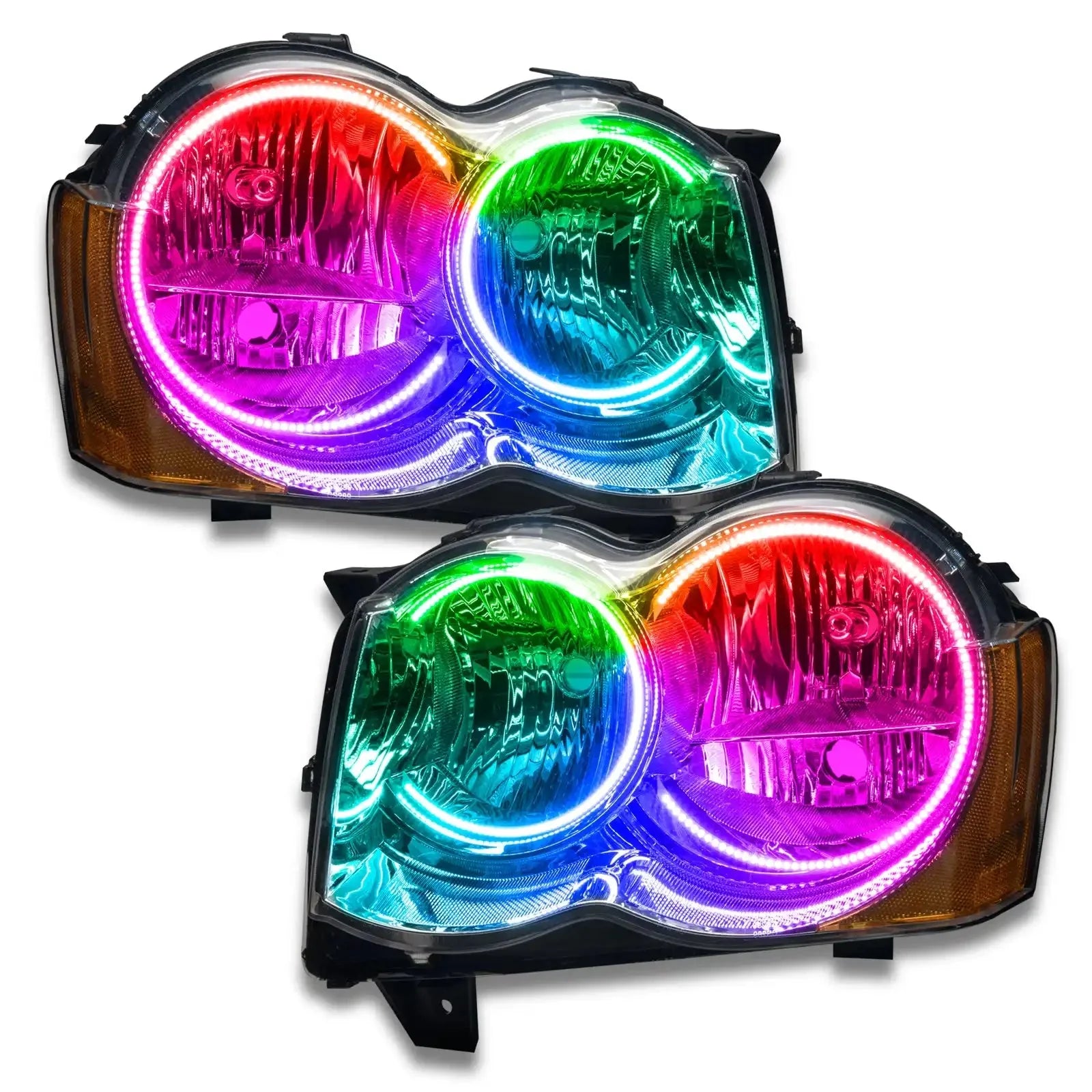 Pair of multi-color LED halo projector headlights for Toyota 4Runner, shown close-up