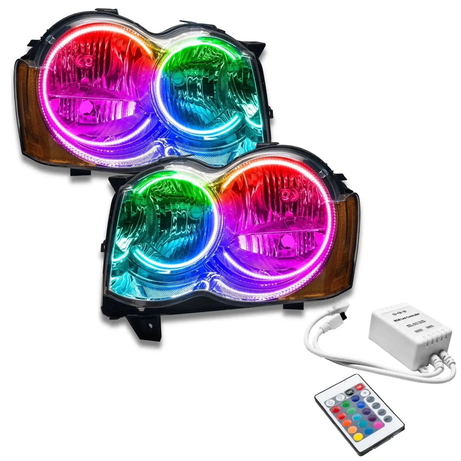 Pair of RGB halo headlights with remote control for off-road vehicles or trucks
