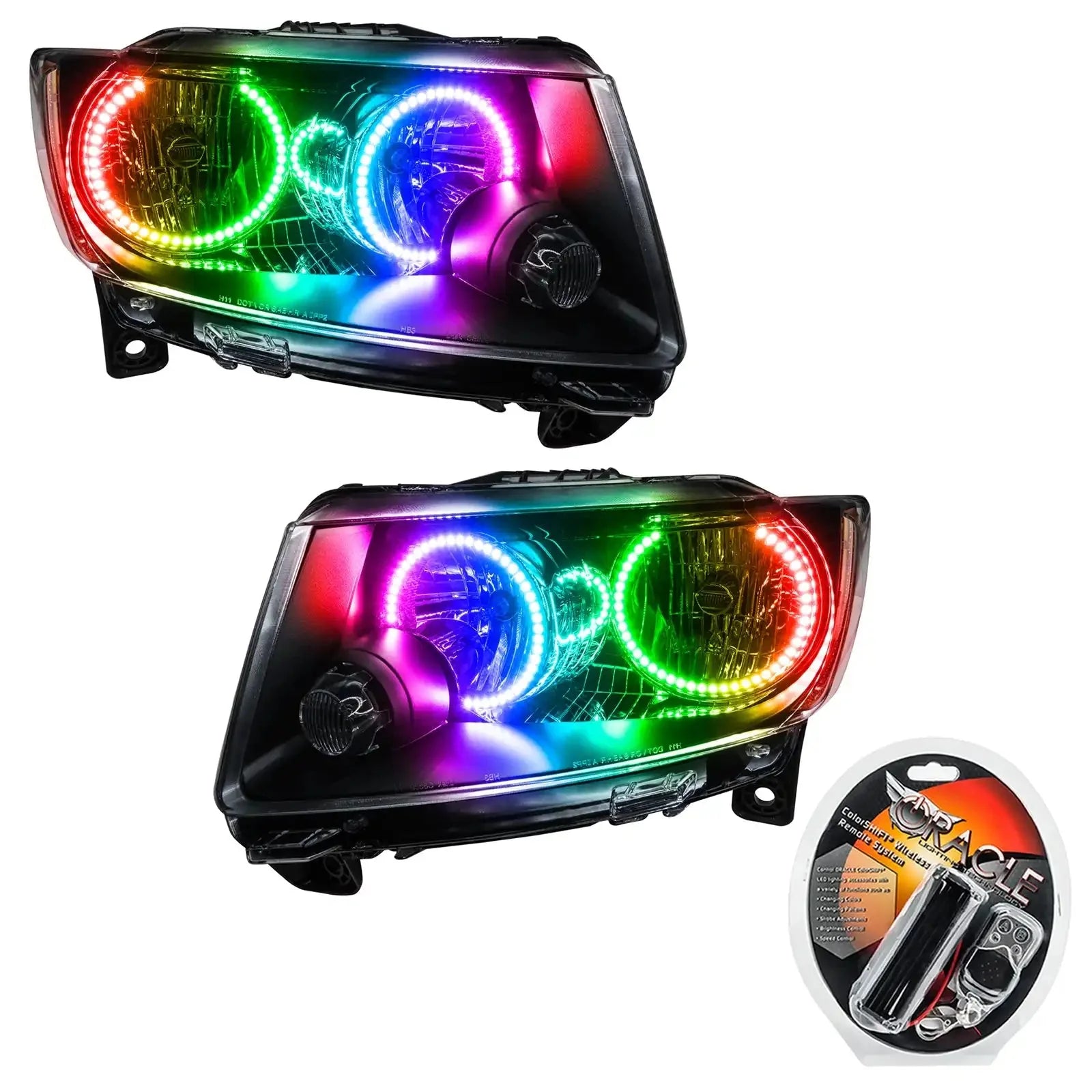 Pair of projector headlights with multi-color LED halos and remote control, suitable for off-road vehicles
