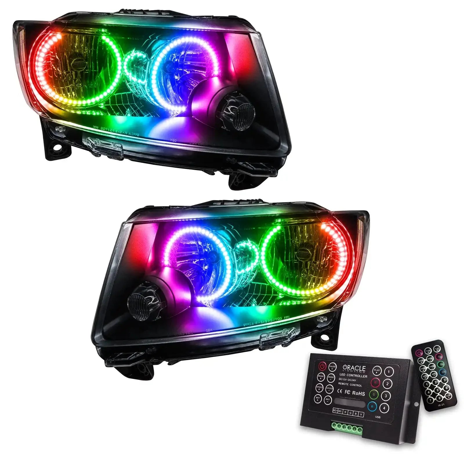 Pair of multicolor LED halo headlights with remote and controller for off-road vehicles