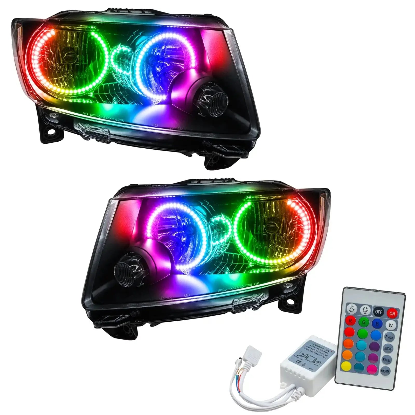 Pair of RGB LED halo headlights with remote control for Toyota Tacoma, overlanding vehicle upgrade