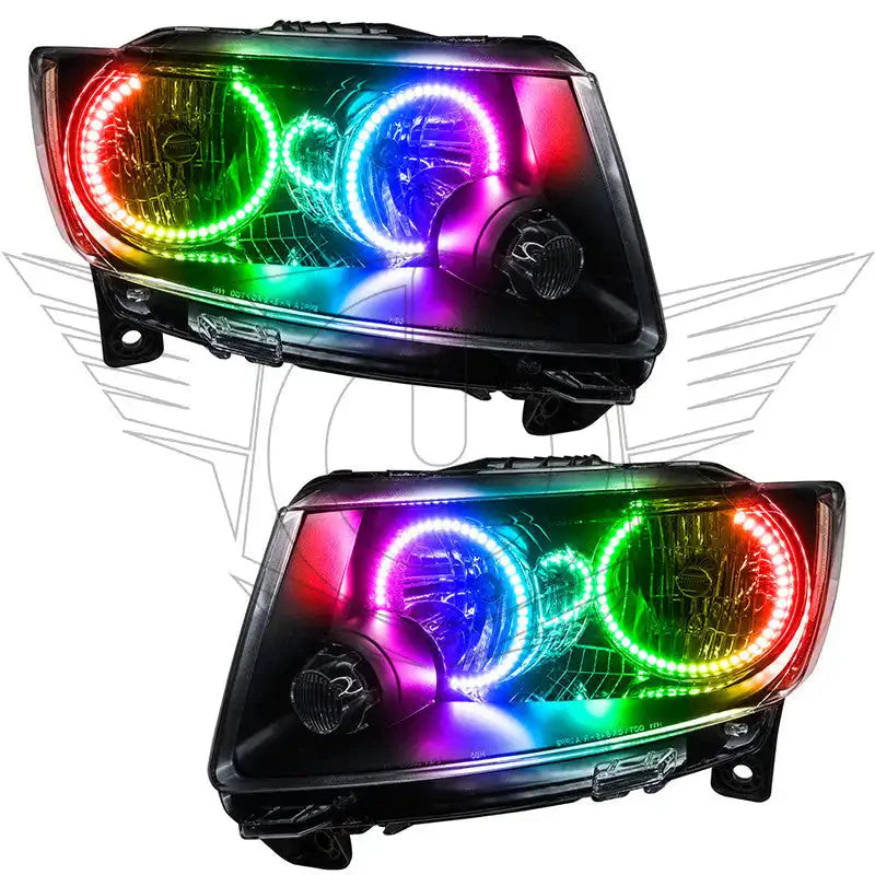 Pair of RGB halo LED projector headlights for Toyota Tacoma, black housing, illuminated rings