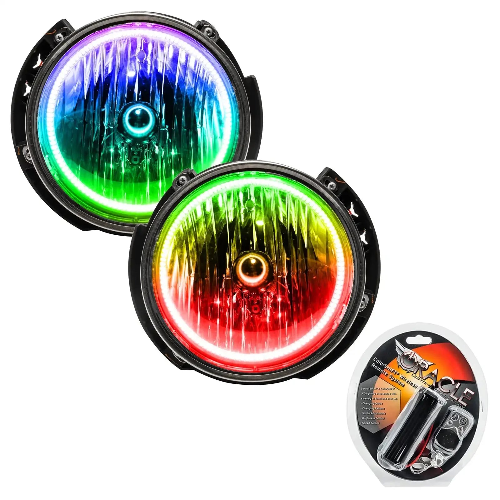 Pair of round RGB LED halo headlights with remote control for off-road vehicles