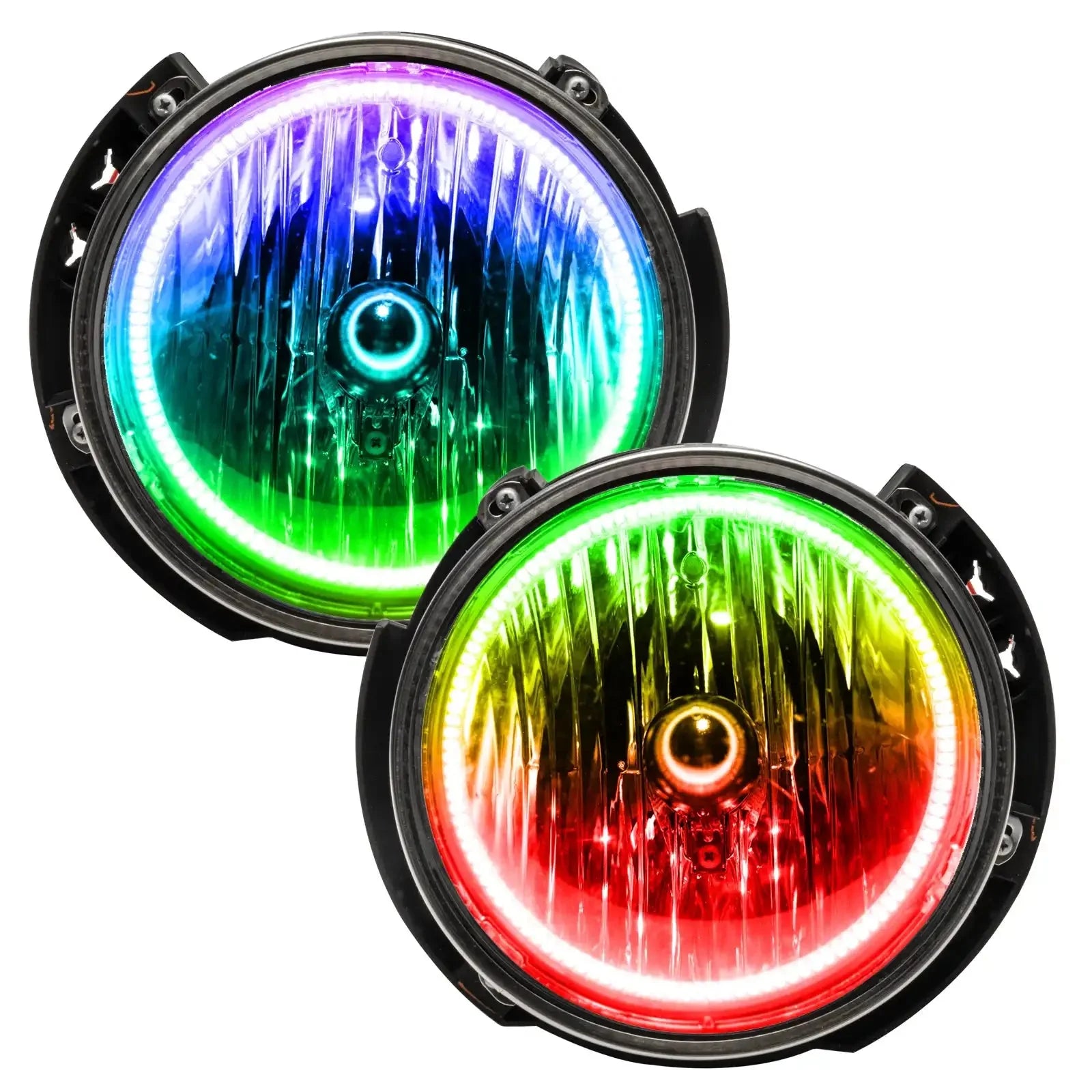 Pair of round RGB LED halo headlights for off-road vehicles like Jeep or Tacoma